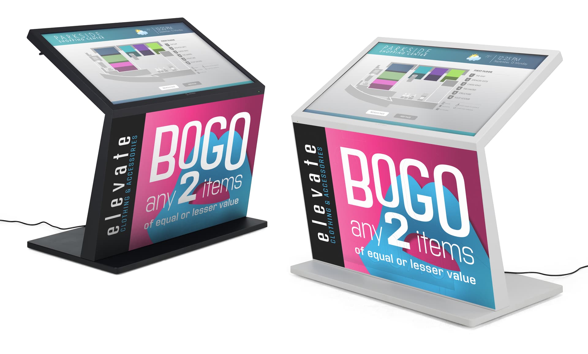 Touch screen interactive kiosk showcasing both colorways with the add on graphic placed on the front