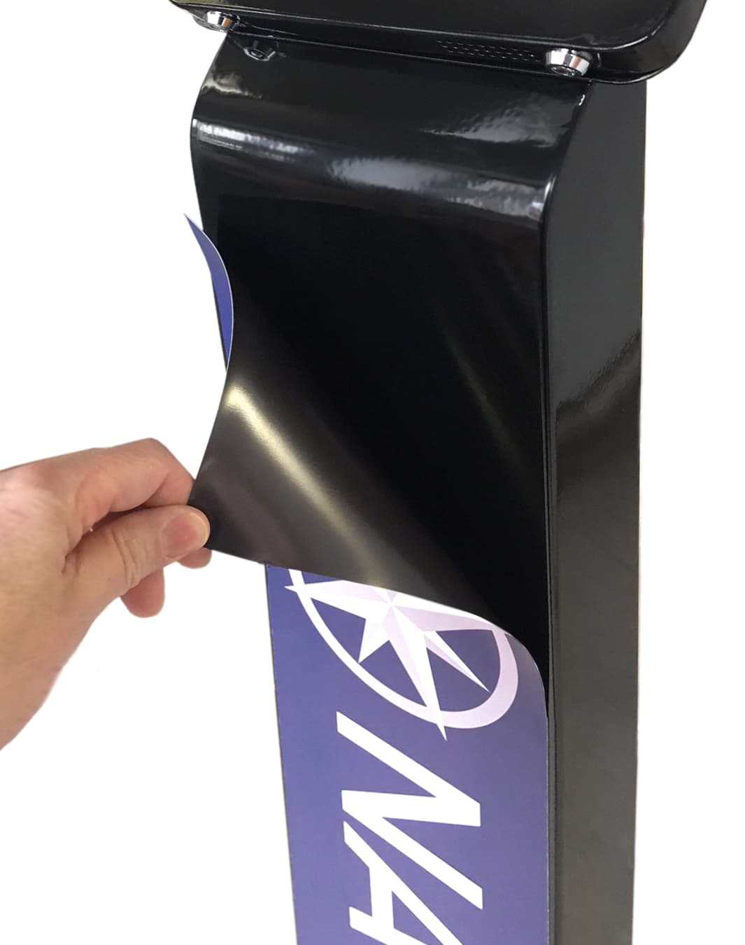Easy removal of magnetic stand graphics for Navigator ADA series tablet displays
