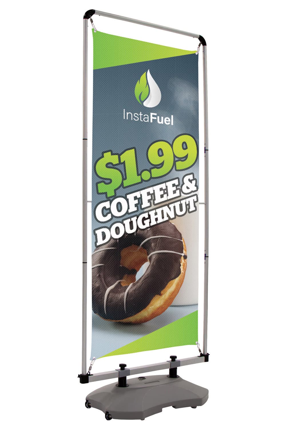 Outdoor vertical banner stand with easy-to-assemble push-pin design