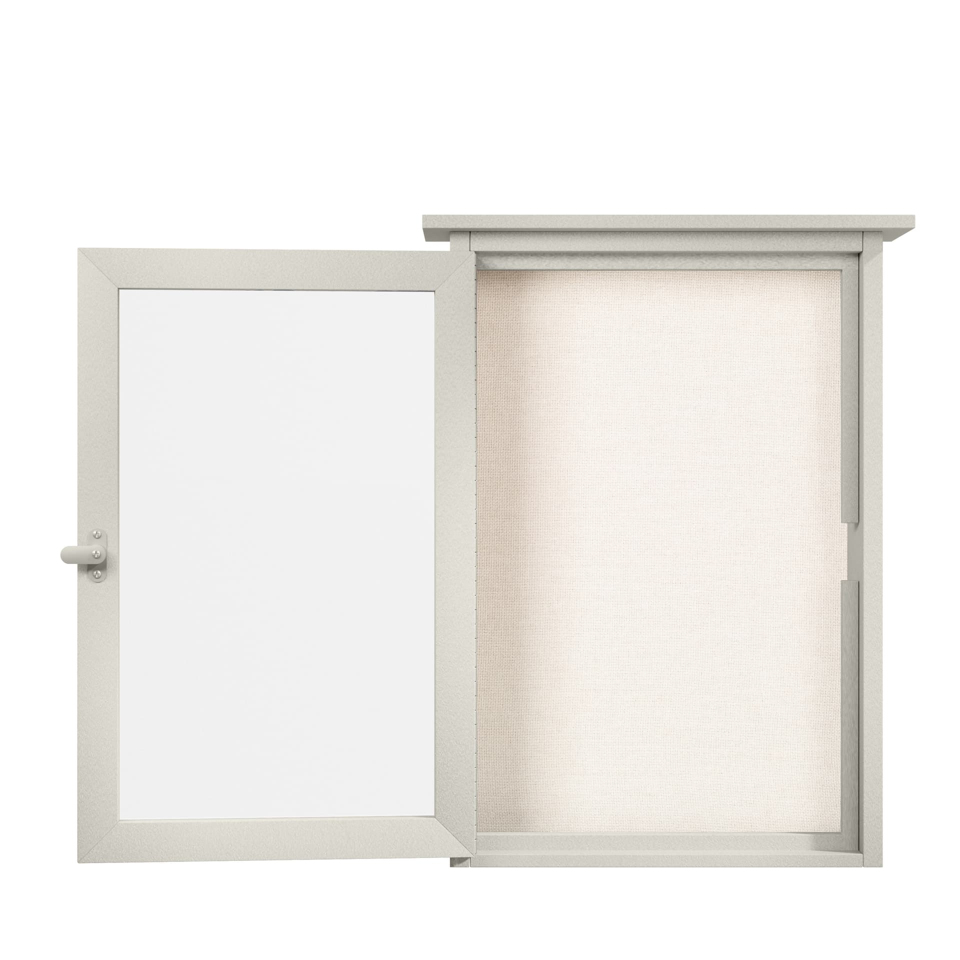 Outdoor menu display case with the cabinet door open