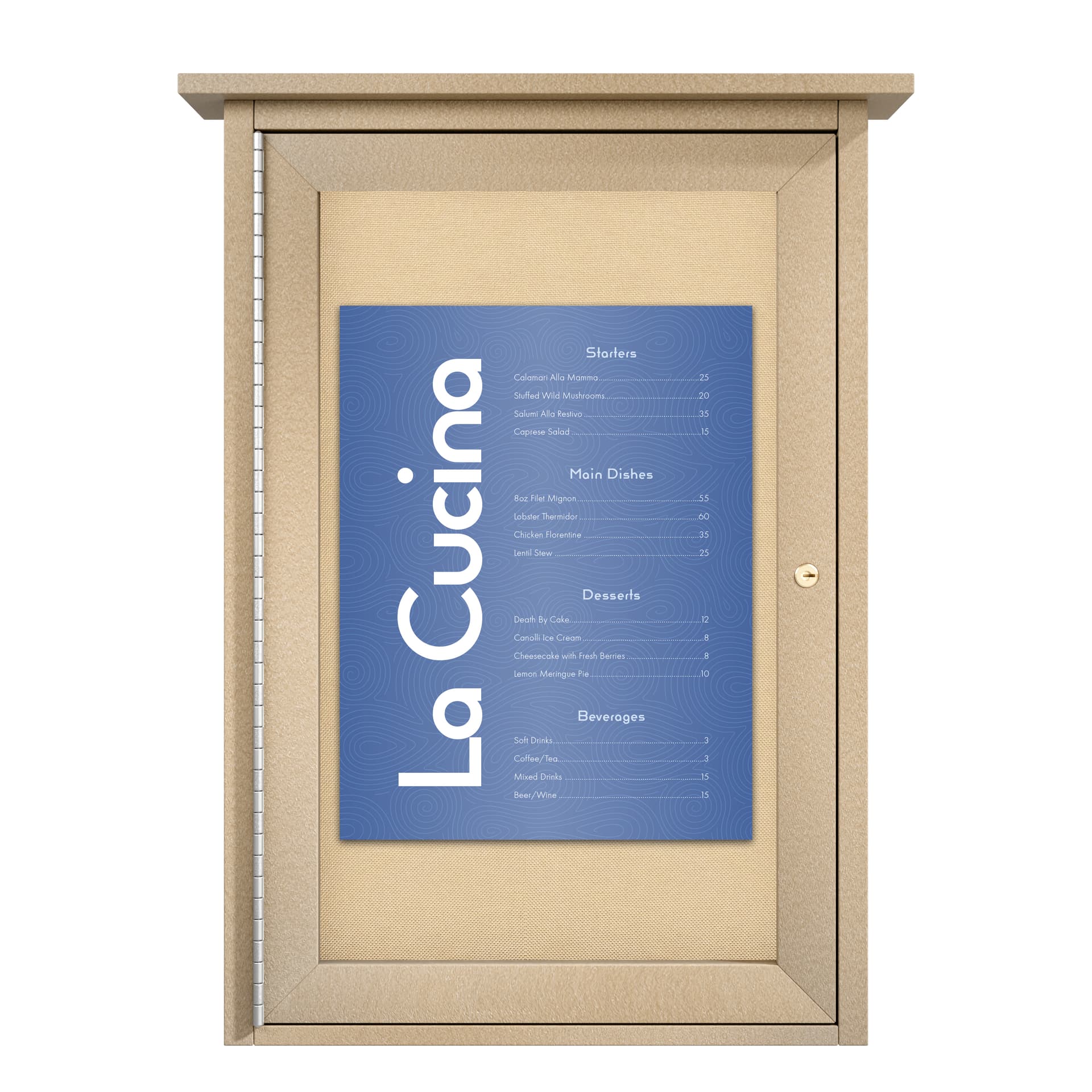 Outdoor menu display case with showing a restaurant menu