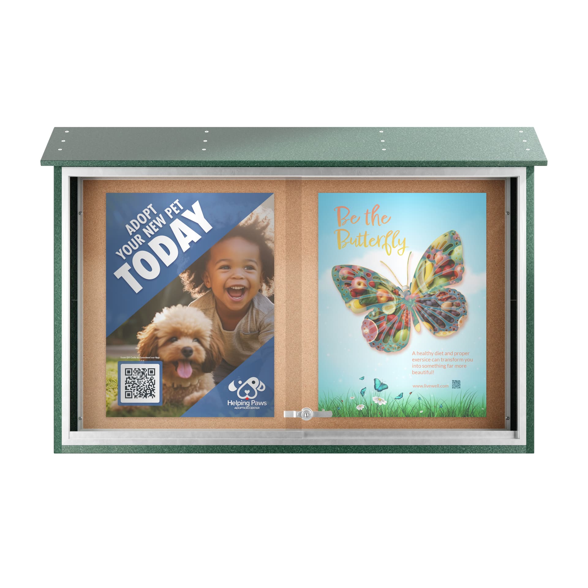 Outdoor bulletin board exhibiting public announcements and pet adoption graphics