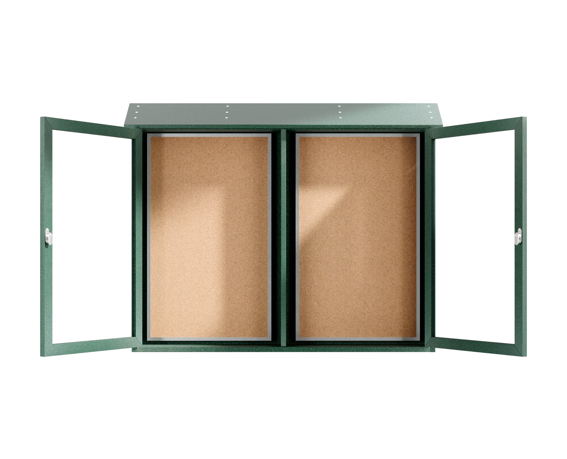Outdoor enclosed bulletin board with both doors open 