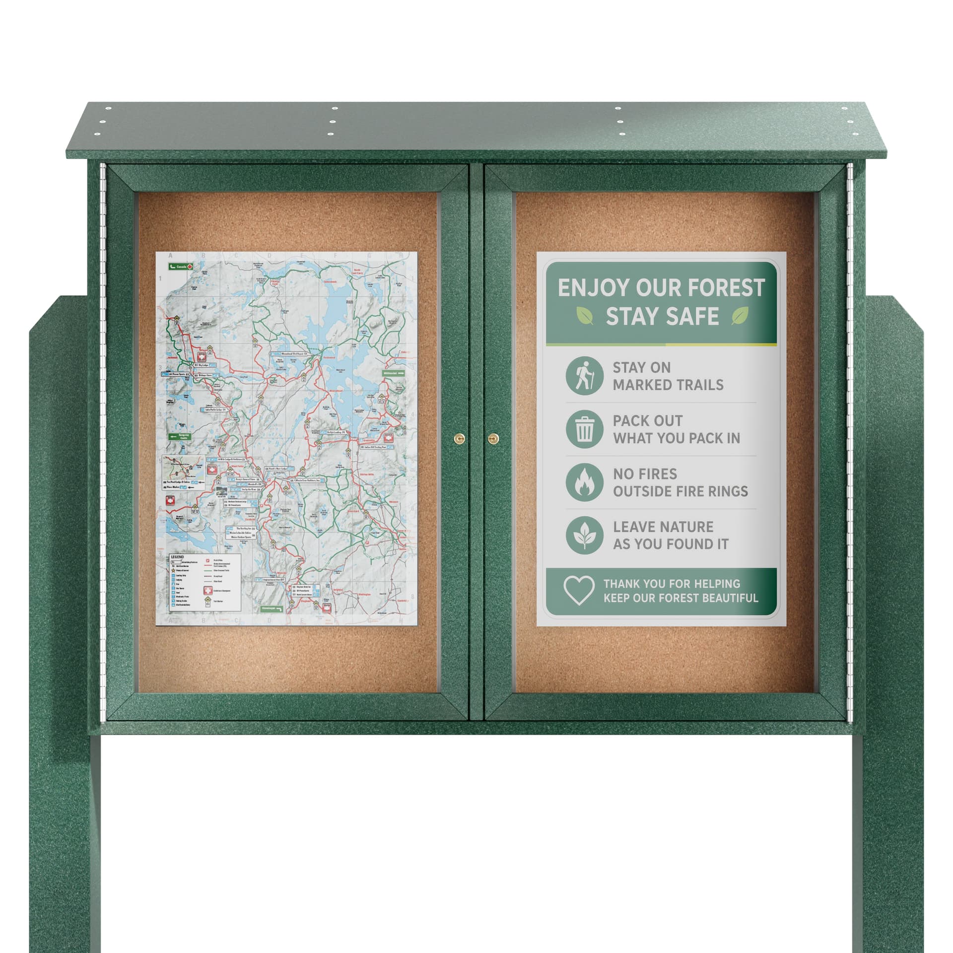Free standing outdoor bulletin board showcasing forestry images on the corkboard