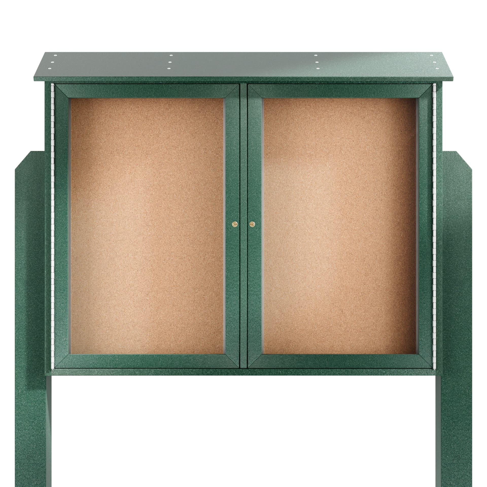 Free standing outdoor bulletin board with a built-in rain cover at the top to help protect the message board from getting wet