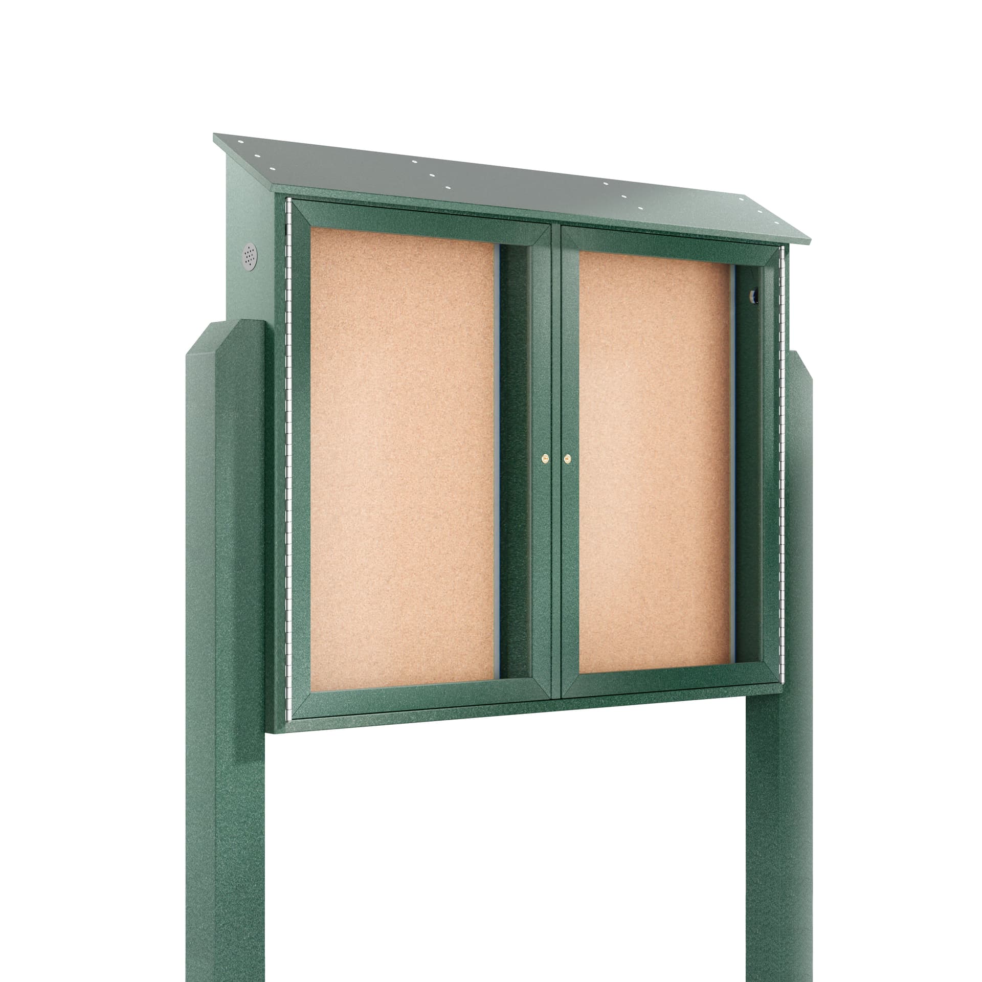 Free standing outdoor bulletin board with swinging cabinet doors