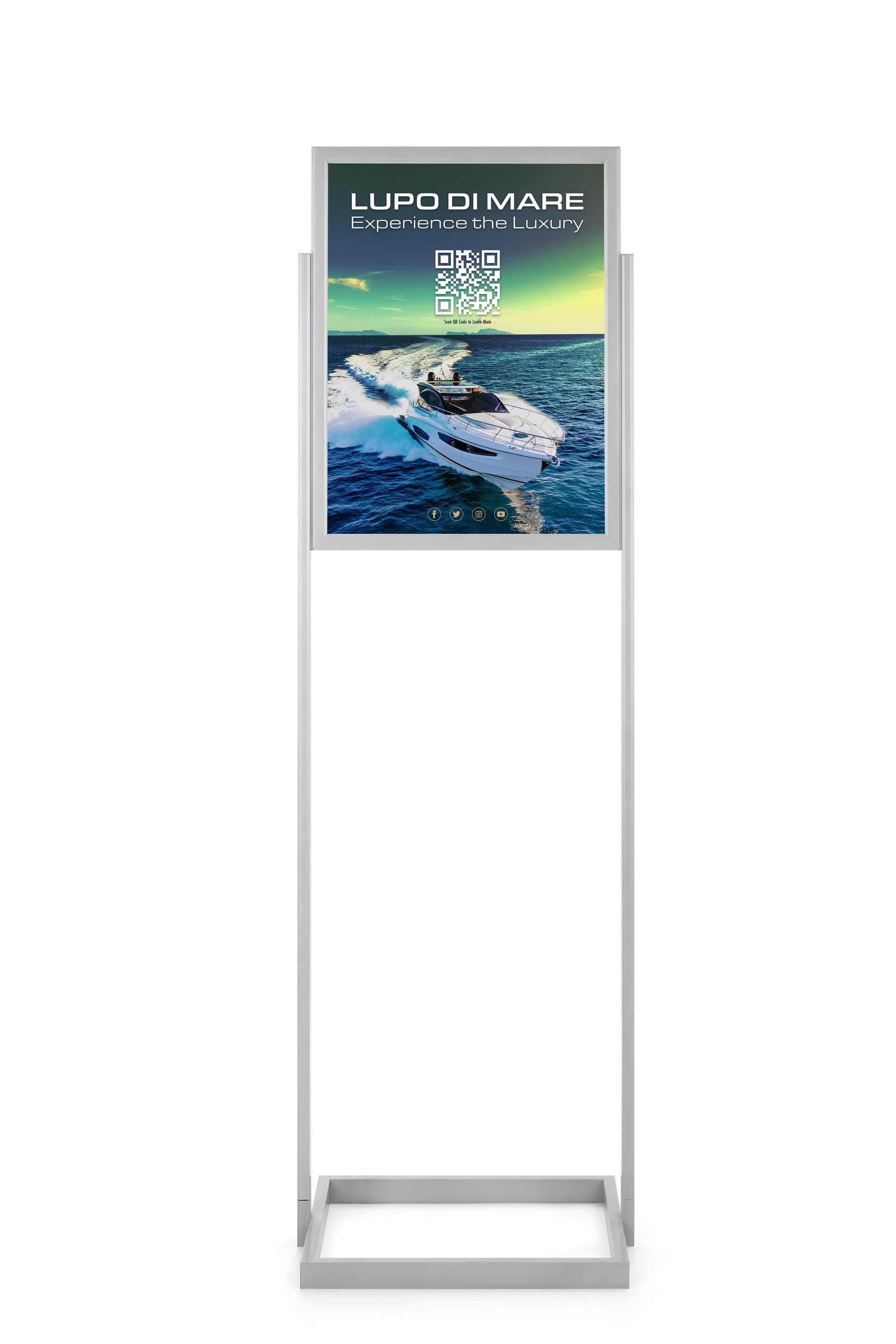 Silver 18" x 24" poster display stand with floor standing design