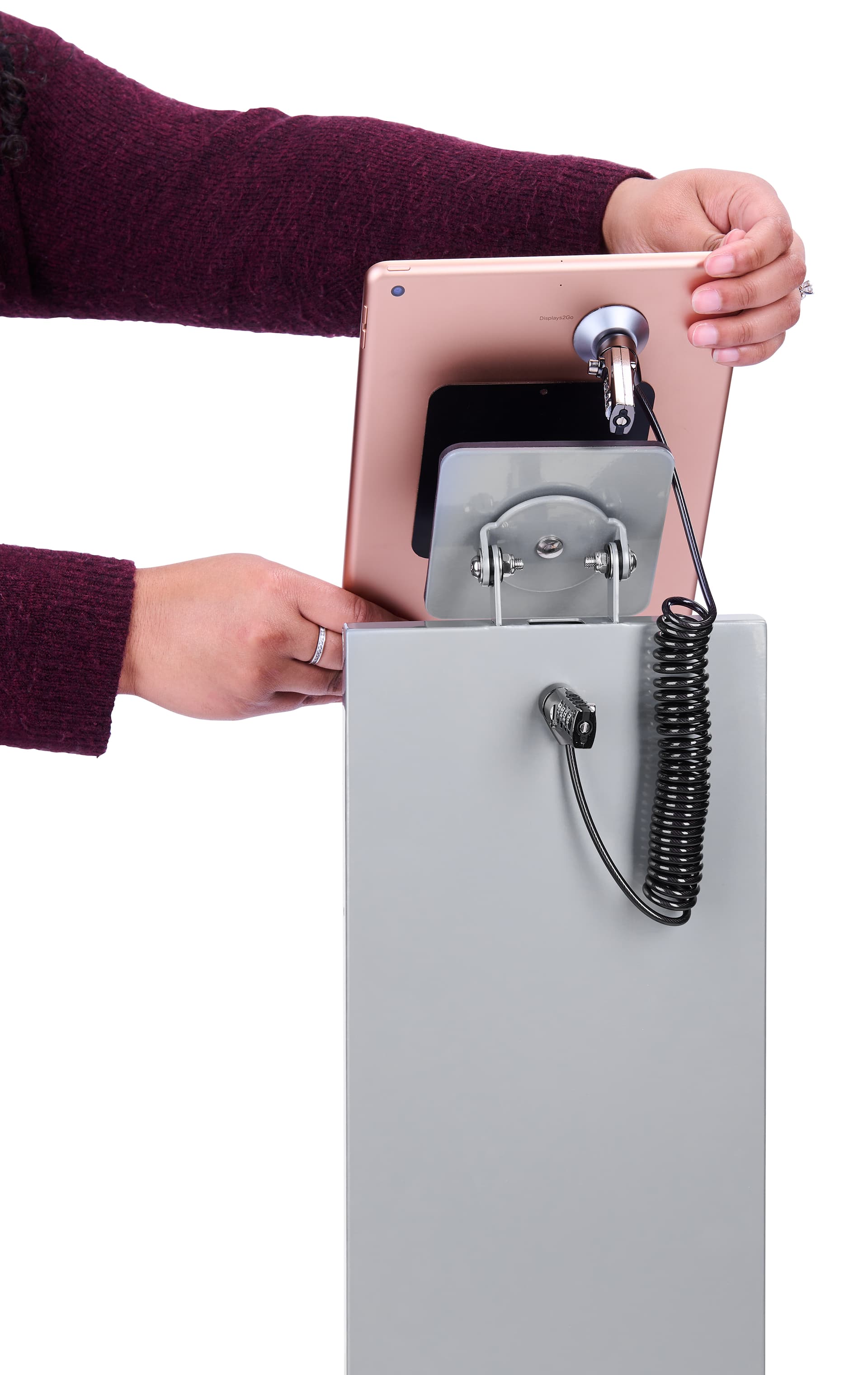 Magnetic tablet kiosk stand with dual ended locking cable 