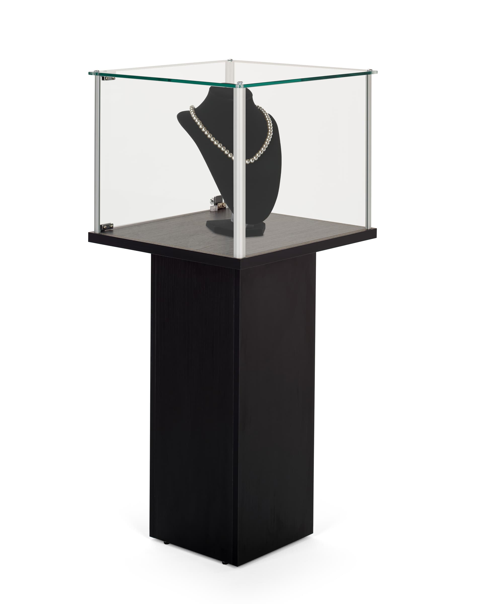 Pedestal showcase with a spacious, oversized compartment to accommodate a variety of collectibles.