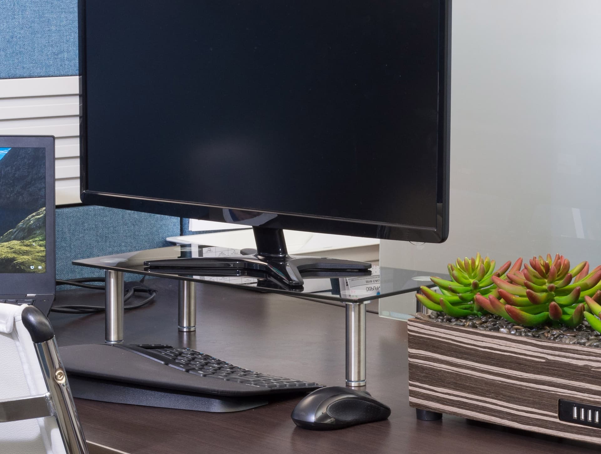Black glass desk riser with standoff legs
