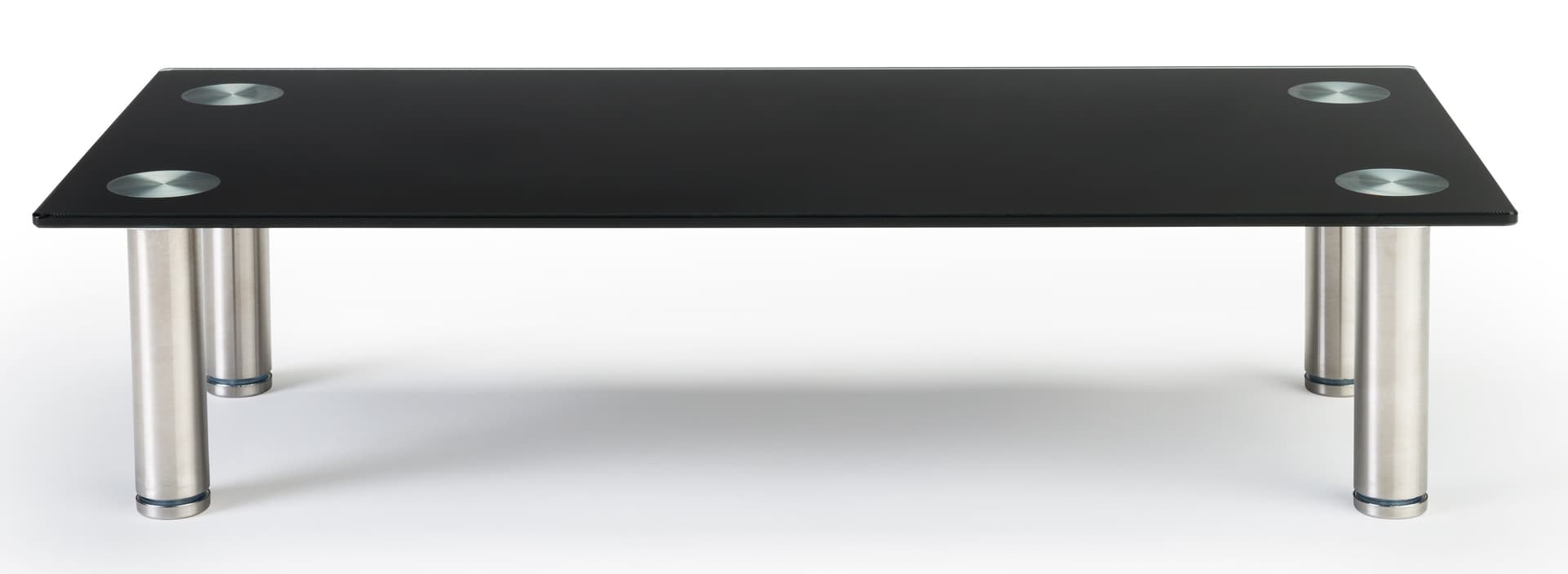 Black glass desk riser with silver standoffs