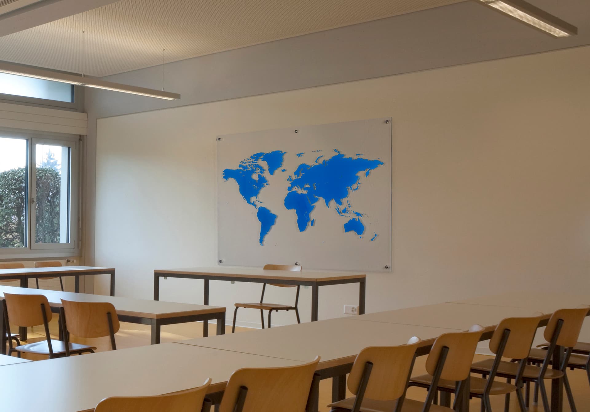 Dry erase whiteboard with custom graphics in classroom setting
