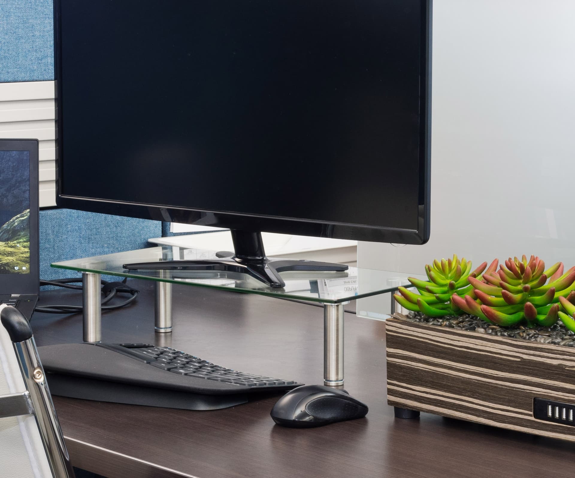 clear glass riser shelf stand with standoff legs