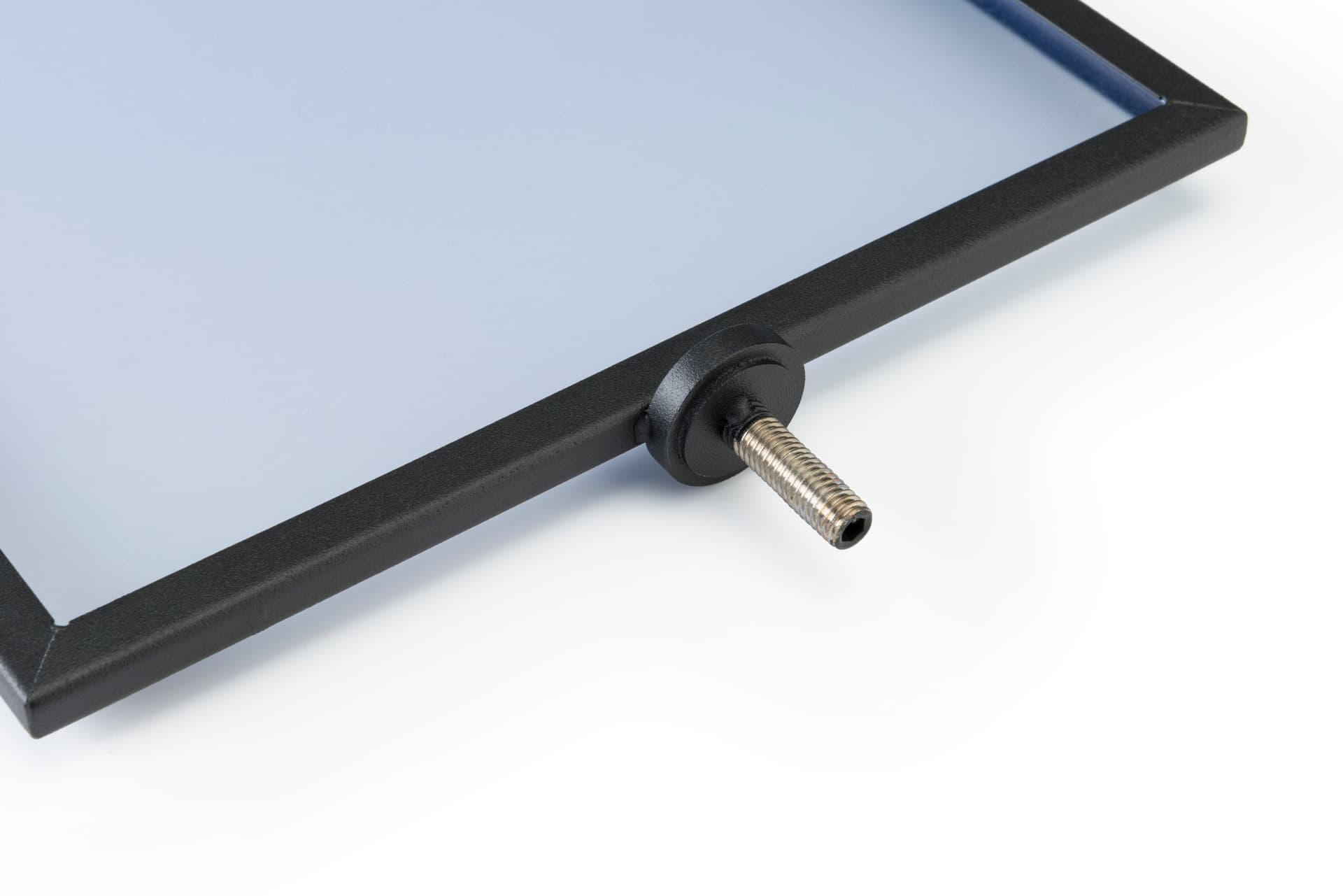 Stanchion label frame with welded screw design