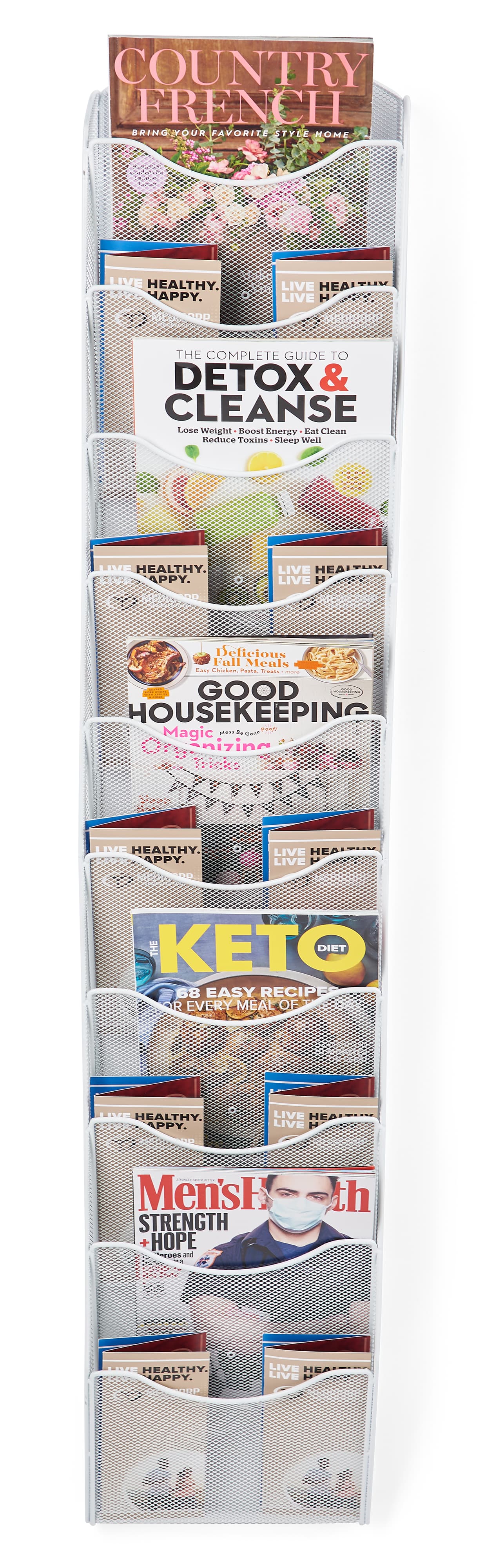 This mesh wall magazine rack with a white finish