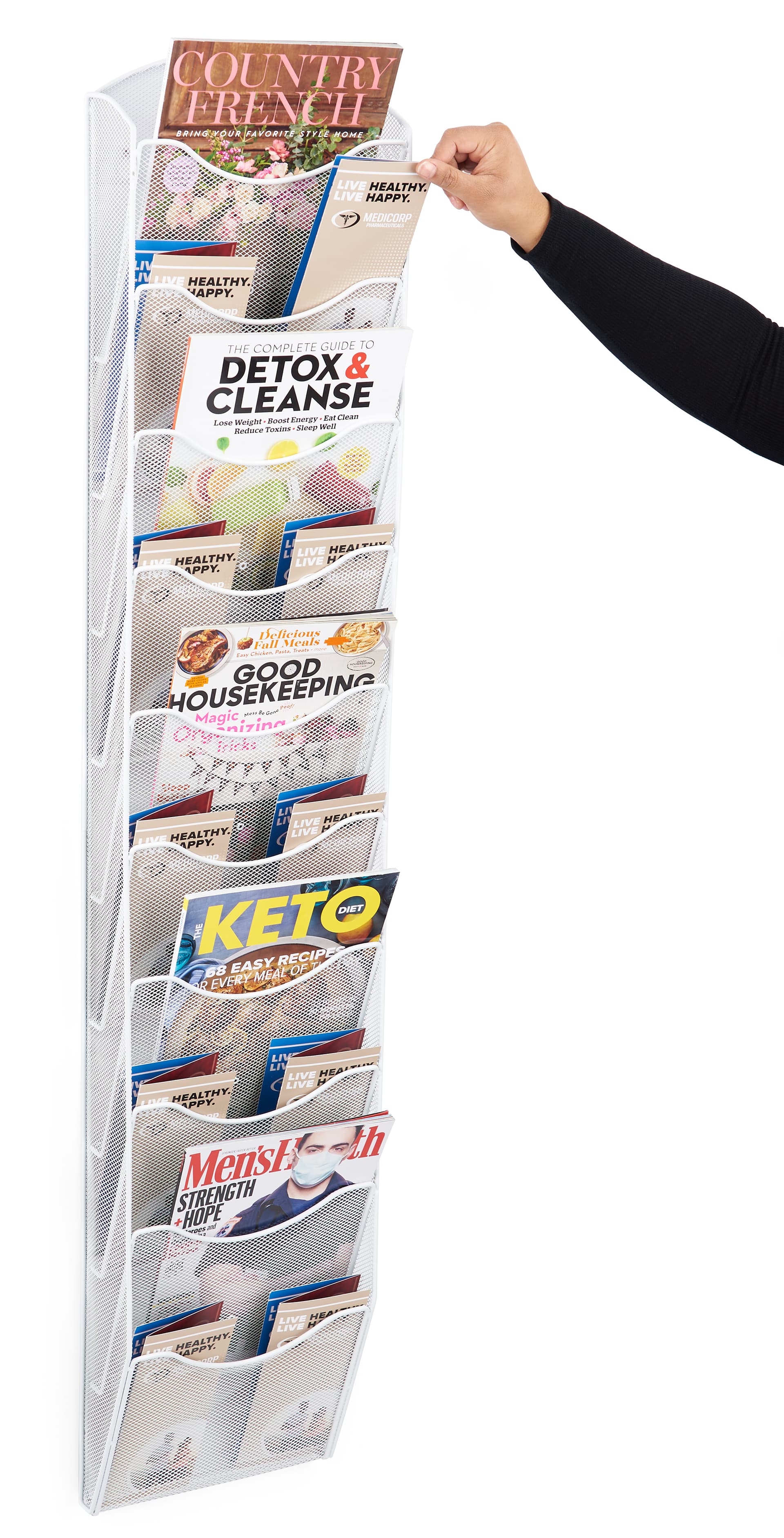 This mesh wall magazine rack with a mounting design