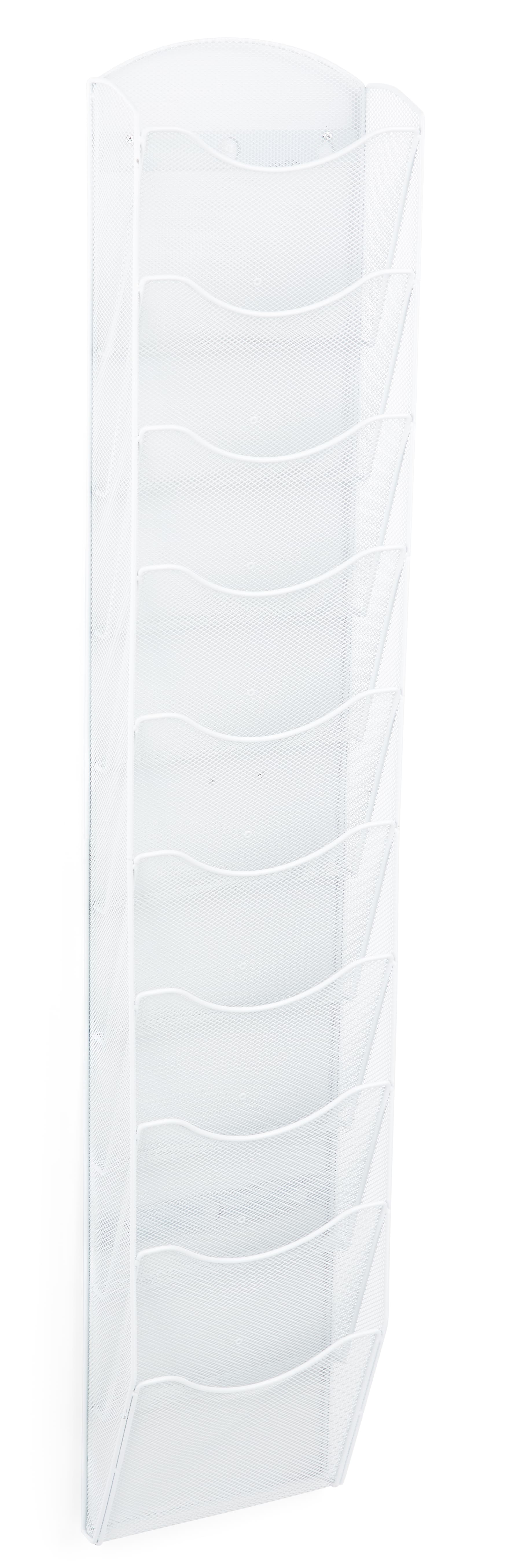 This mesh wall magazine rack with tiered pockets