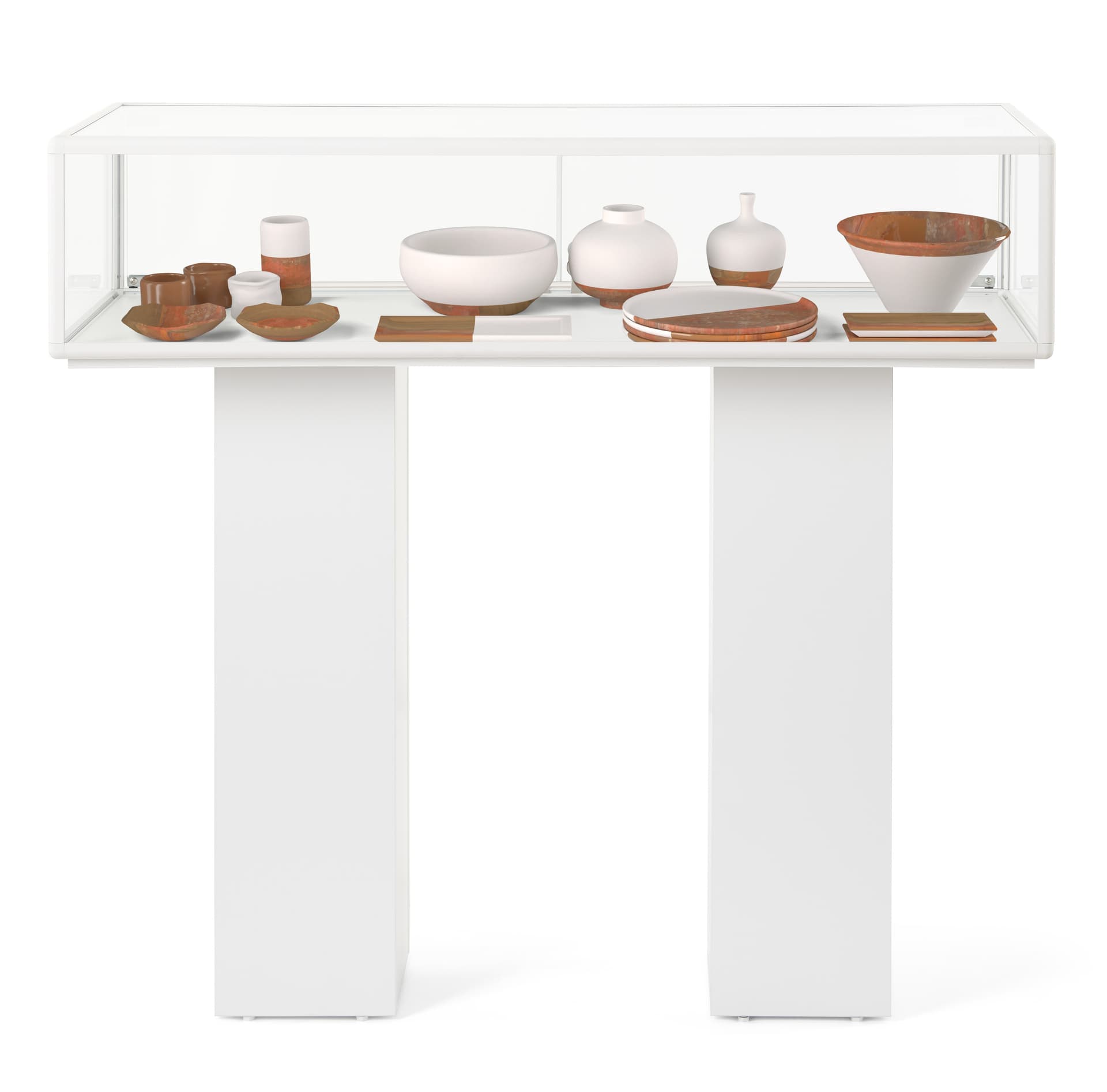 Table display case with white beveled trim 