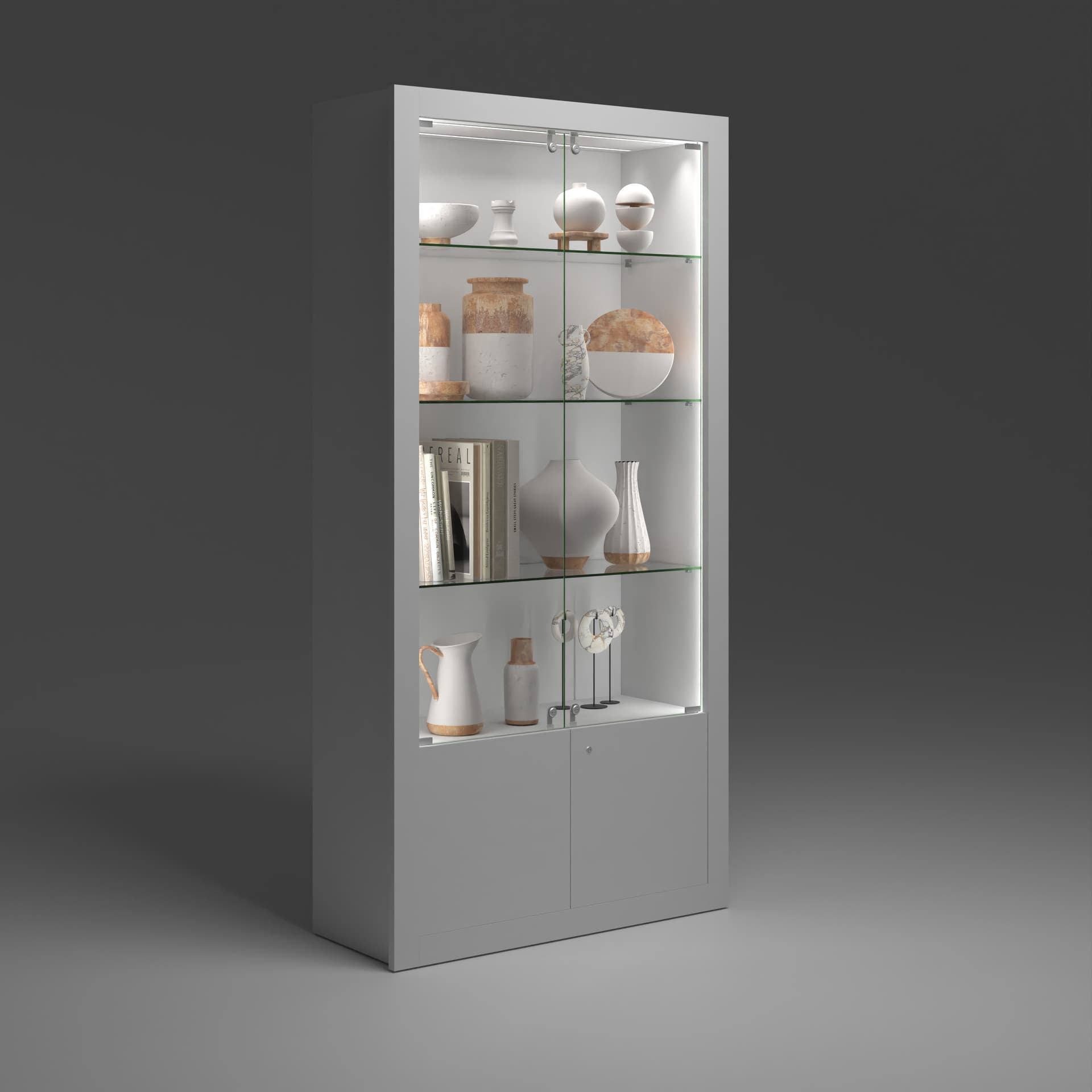White display cabinet with glass doors and illuminated interior