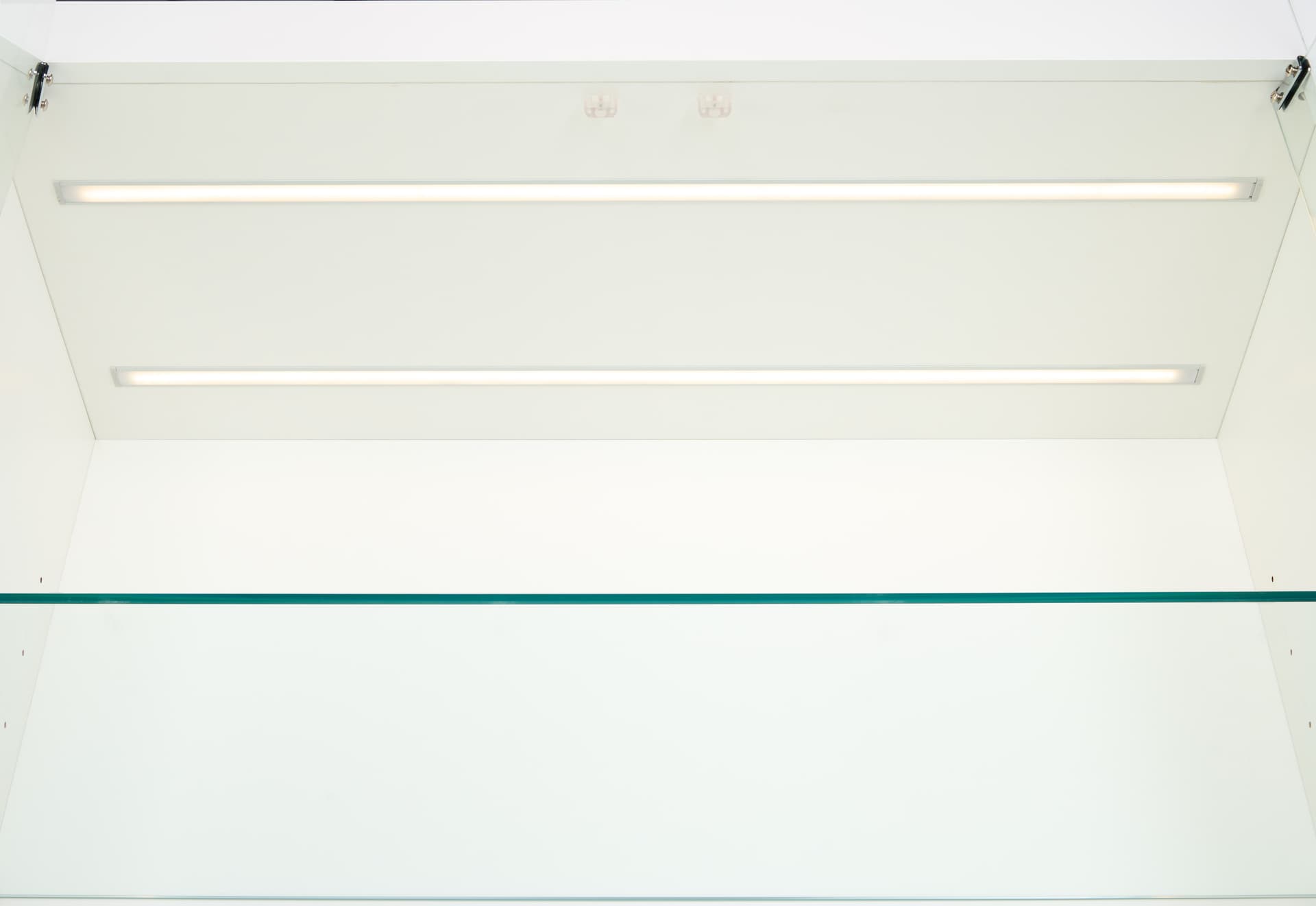 White display cabinet with glass doors and LED lighting