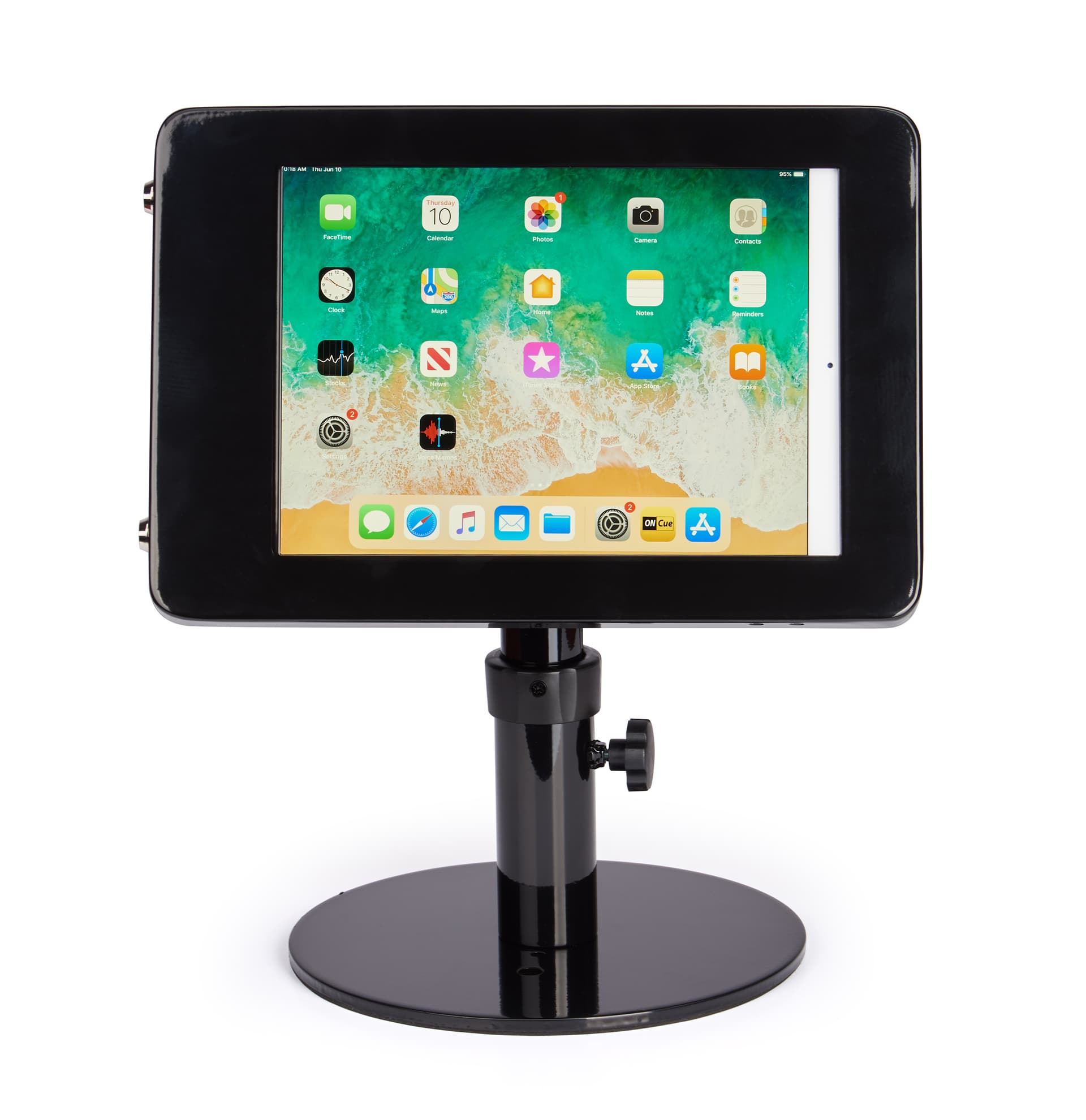 Black adjustable countertop iPad stand with rotate and swivel bracket
