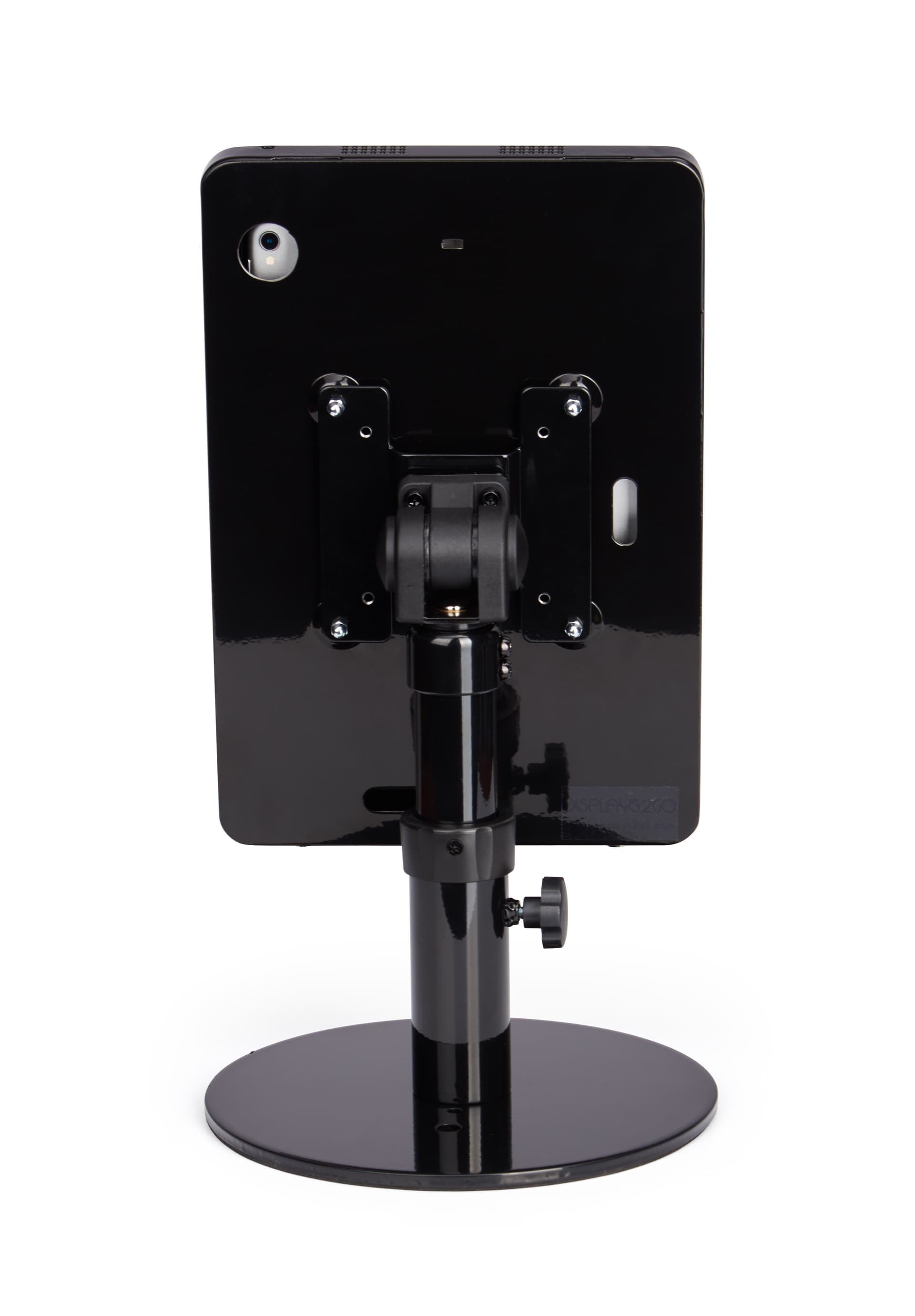 Black adjustable countertop iPad stand with exposed front and rear camera holes