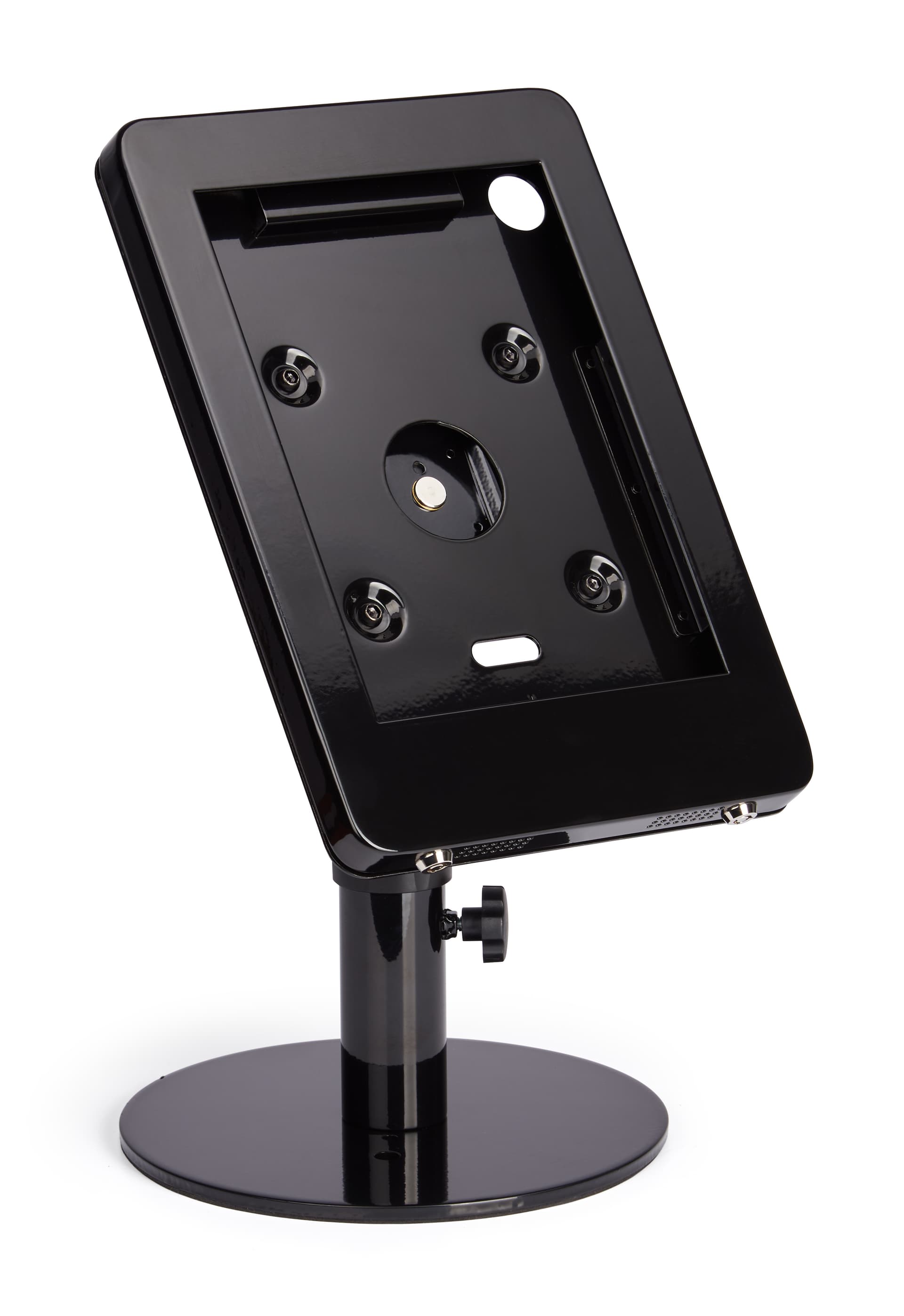 Black adjustable countertop iPad stand with hidden home button