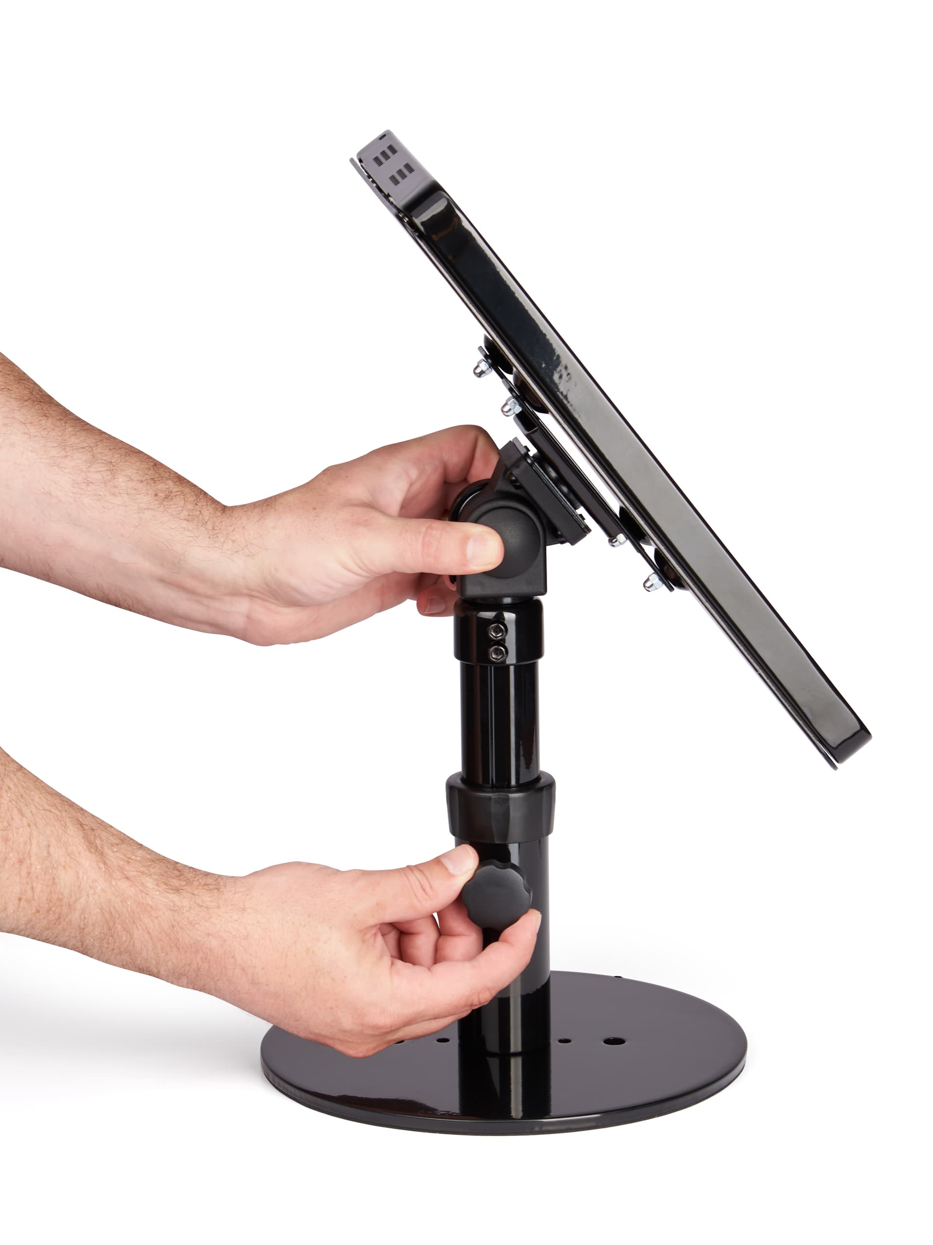 Black adjustable countertop iPad stand can be tilted