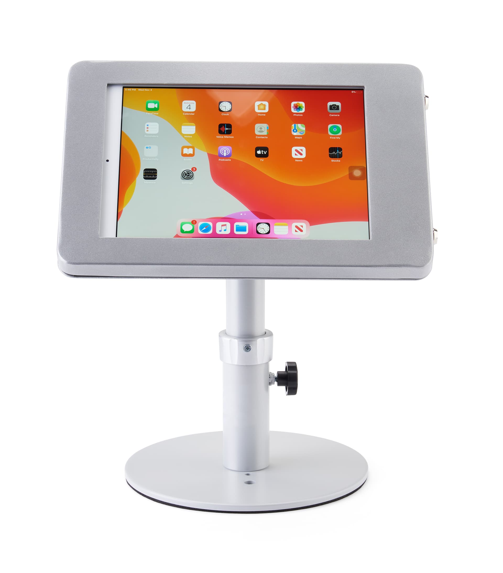 Silver adjustable countertop iPad stand with powder-coated steel base