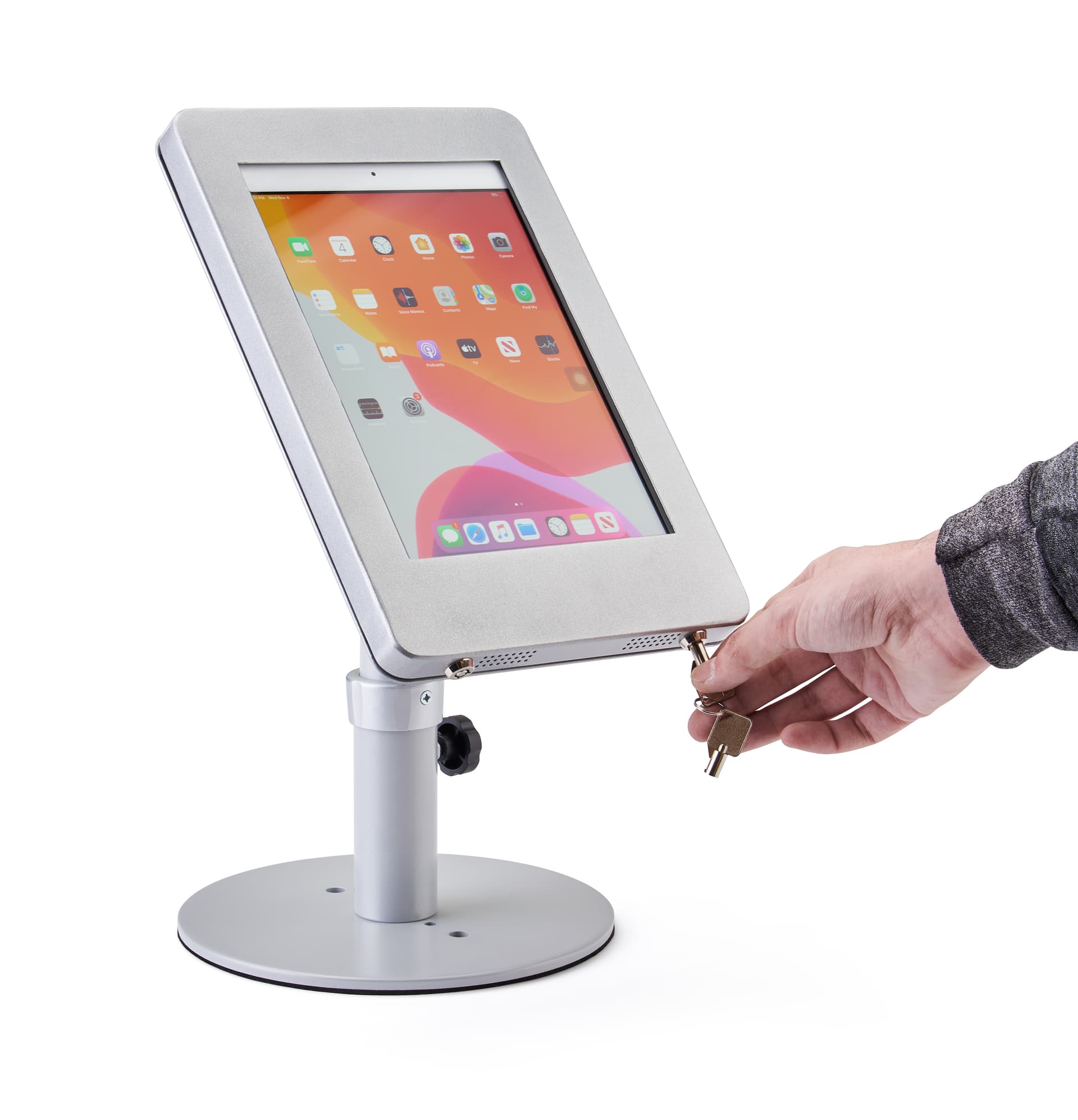 Silver adjustable countertop iPad stand with two keys and dual locking enclosure