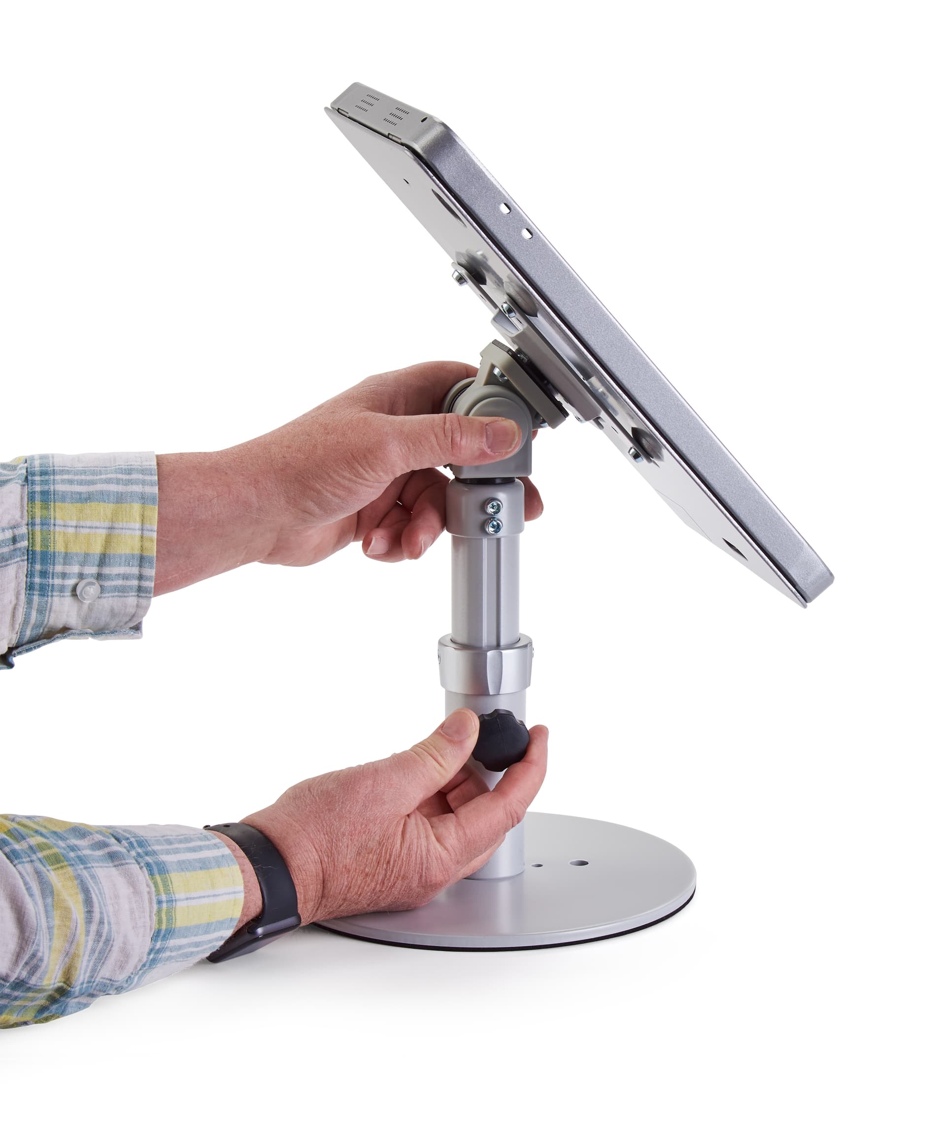 Silver adjustable countertop iPad stand that tilts to landscape or portrait mode