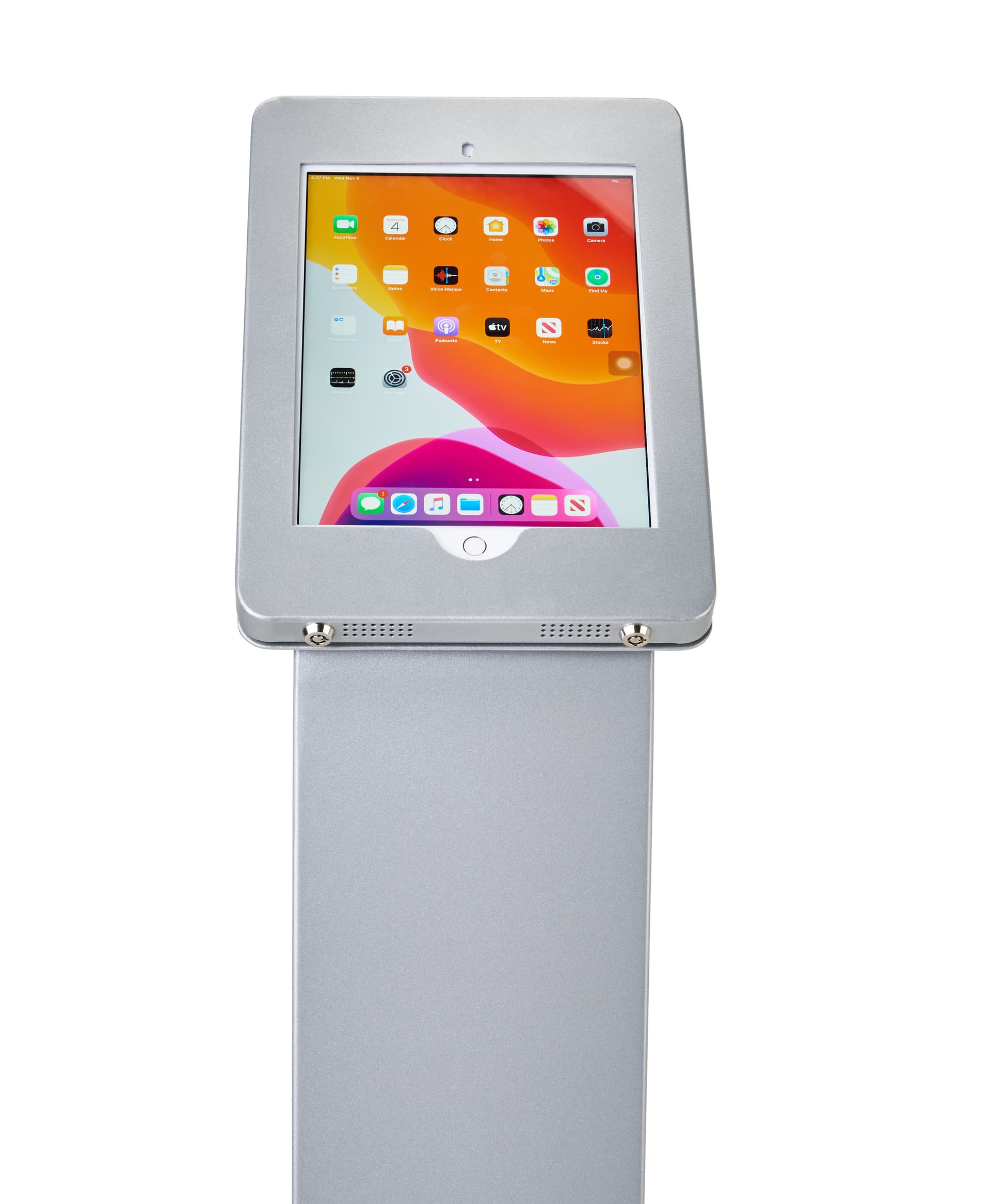 Silver locking iPad tablet floor stand with exposed home button