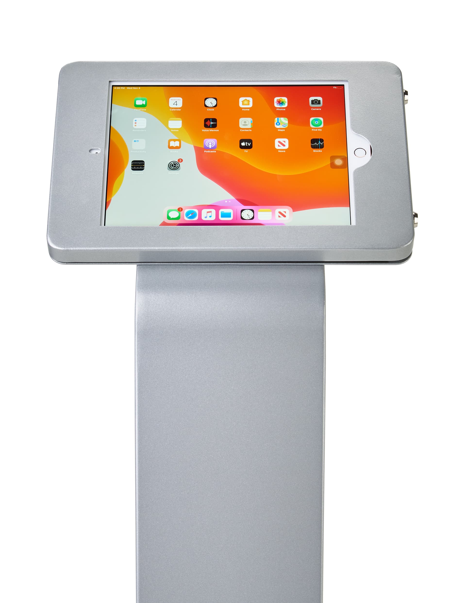 Silver locking iPad tablet floor stand rotates to portrait and landscape orientation