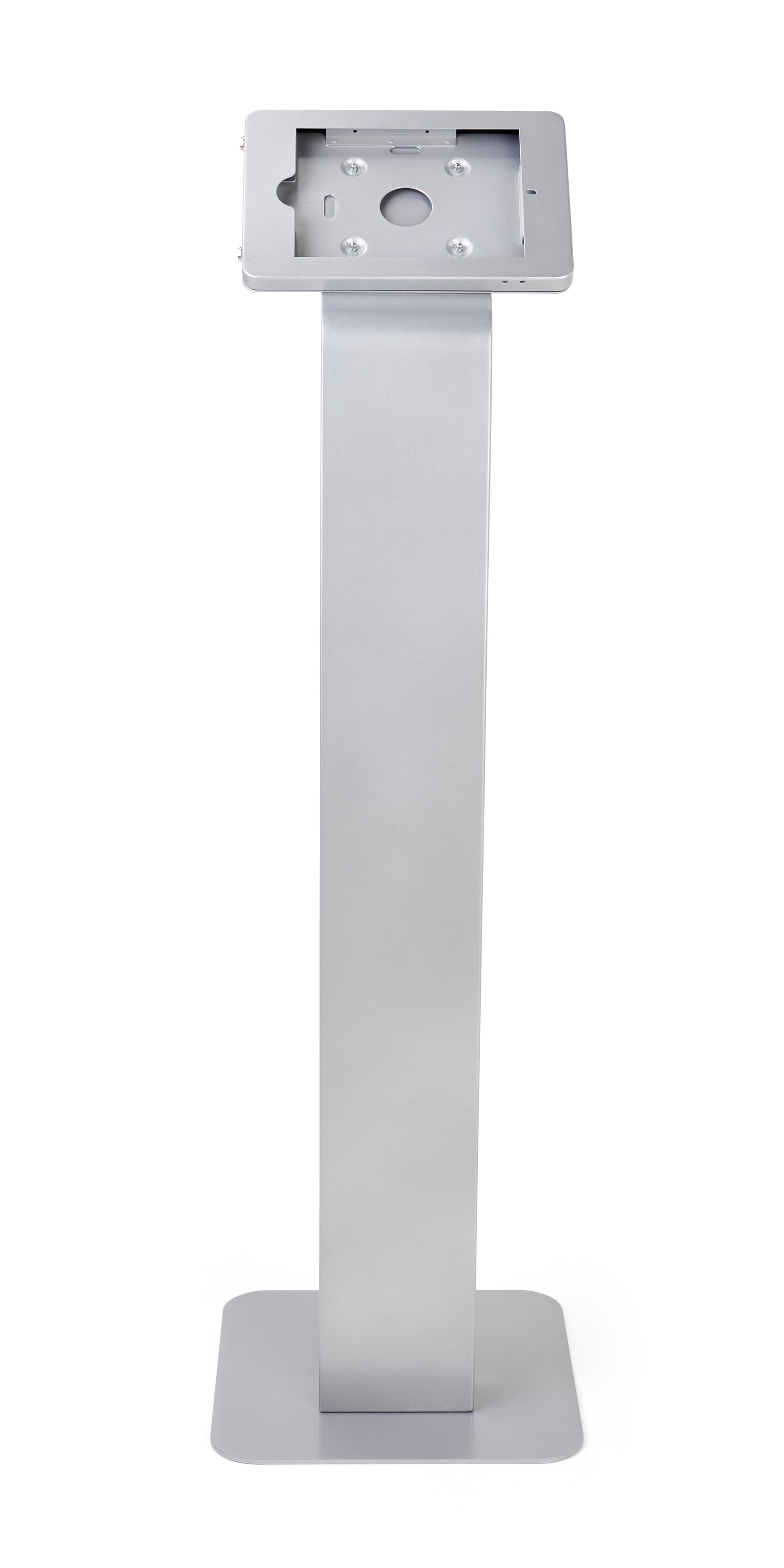 Silver locking iPad tablet floor stand with exposed front and rear camera holes