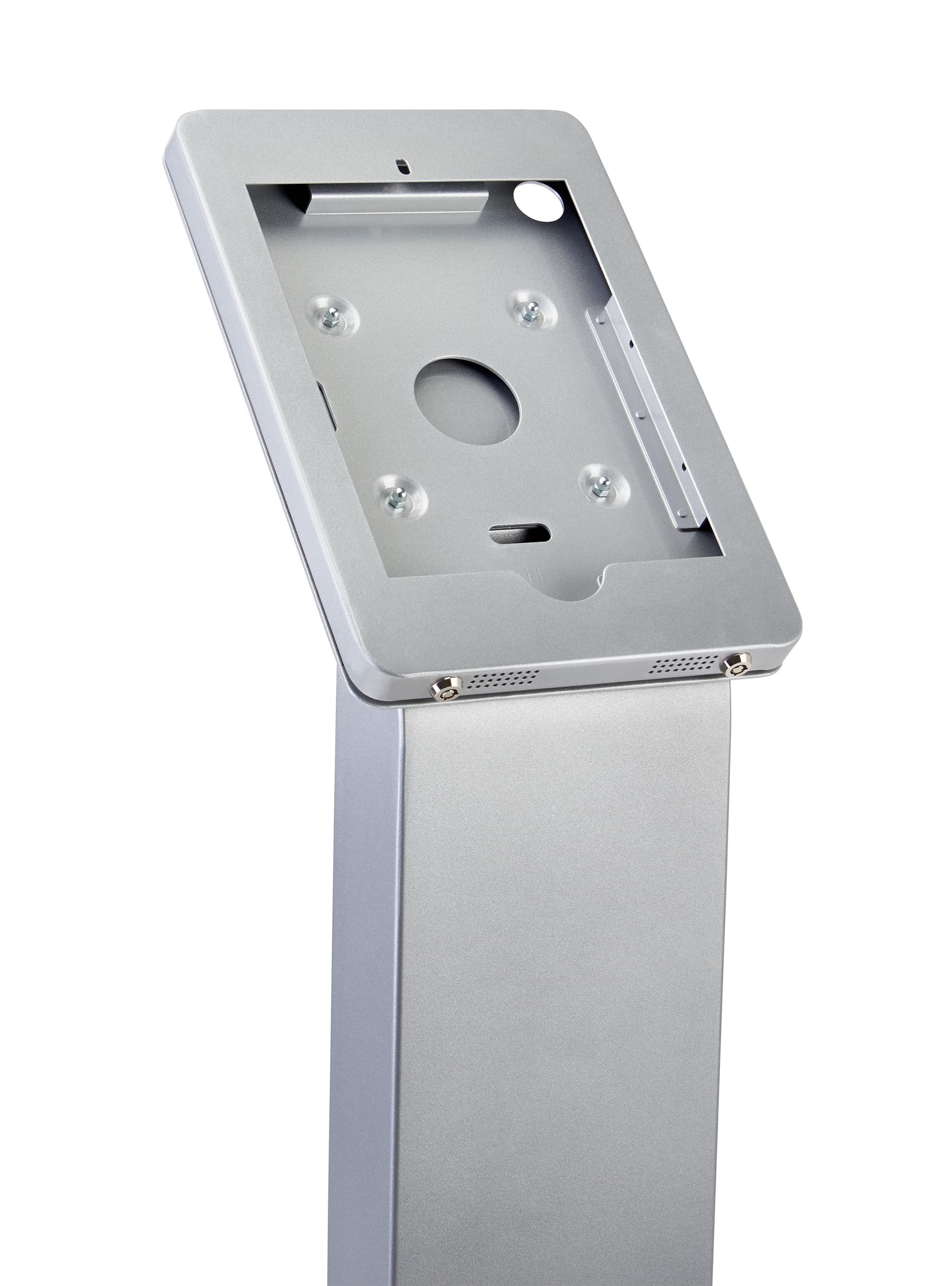 Silver locking iPad tablet floor stand with dual locking enclosure