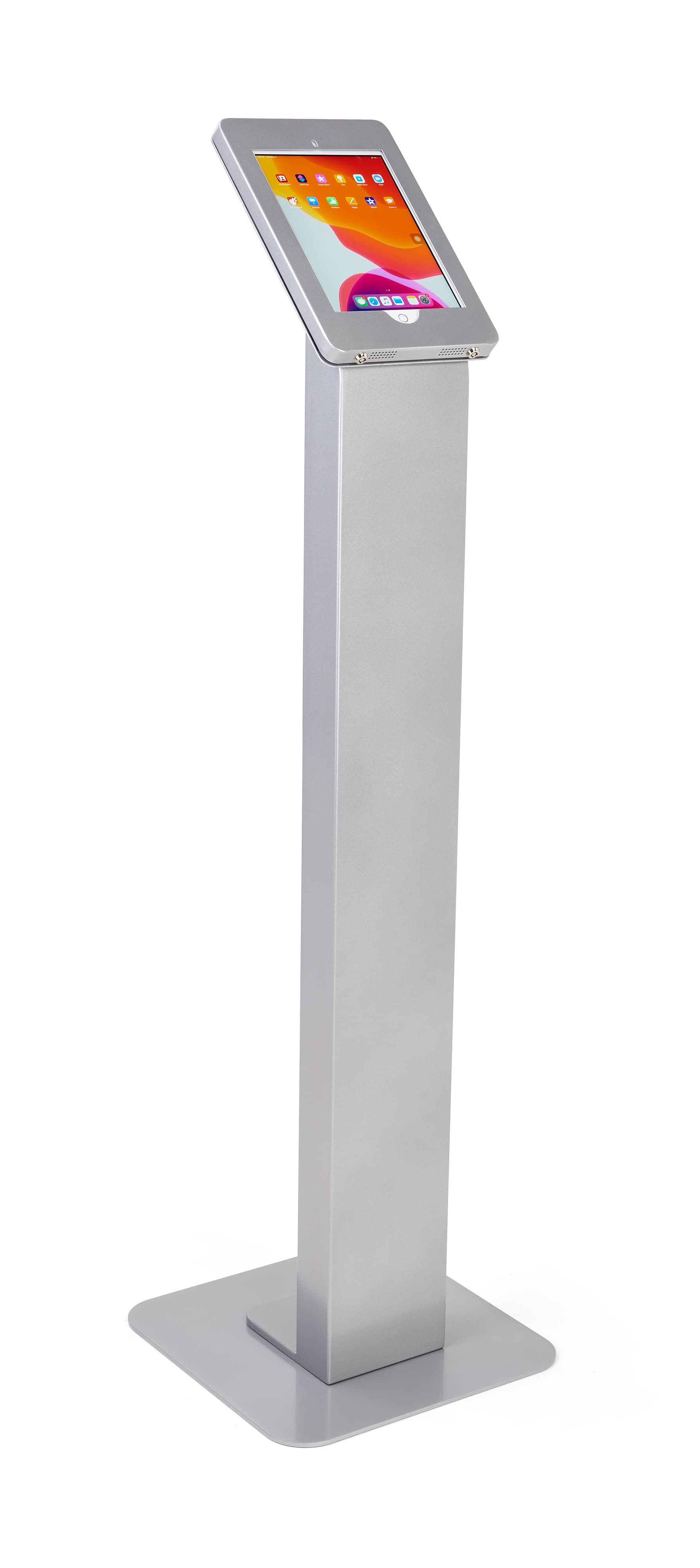 Silver locking iPad tablet floor stand with hidden audio port