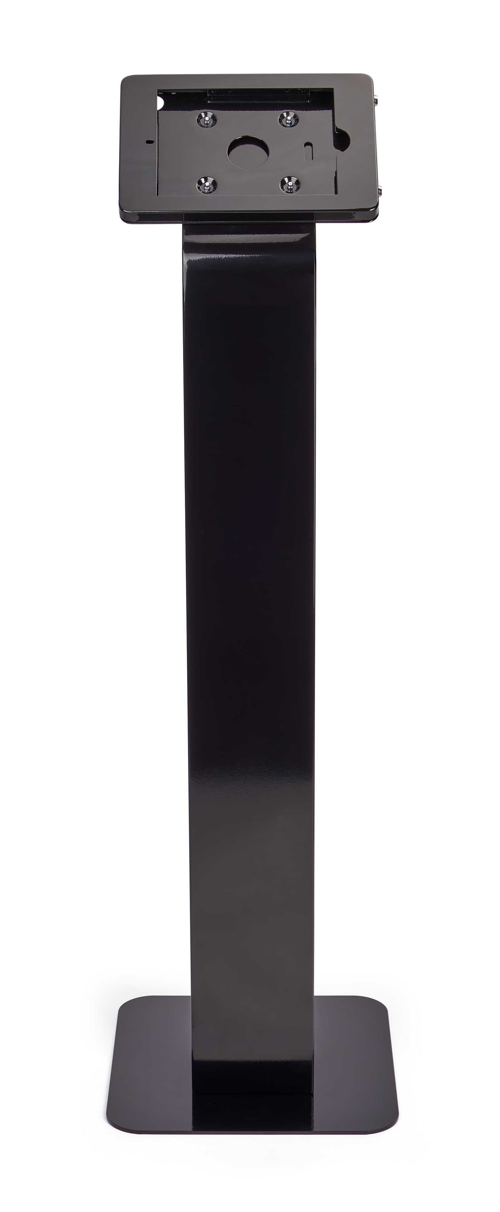 Black locking iPad tablet floor stand flips from landscape to portrait mode