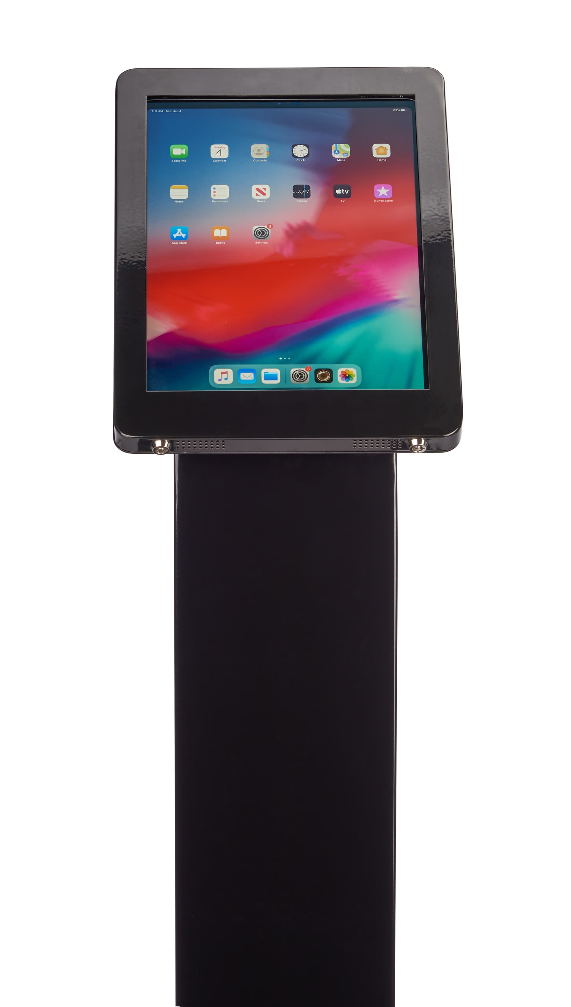 Black rotating standing iPad floor kiosk with internal 4 outlet power strip