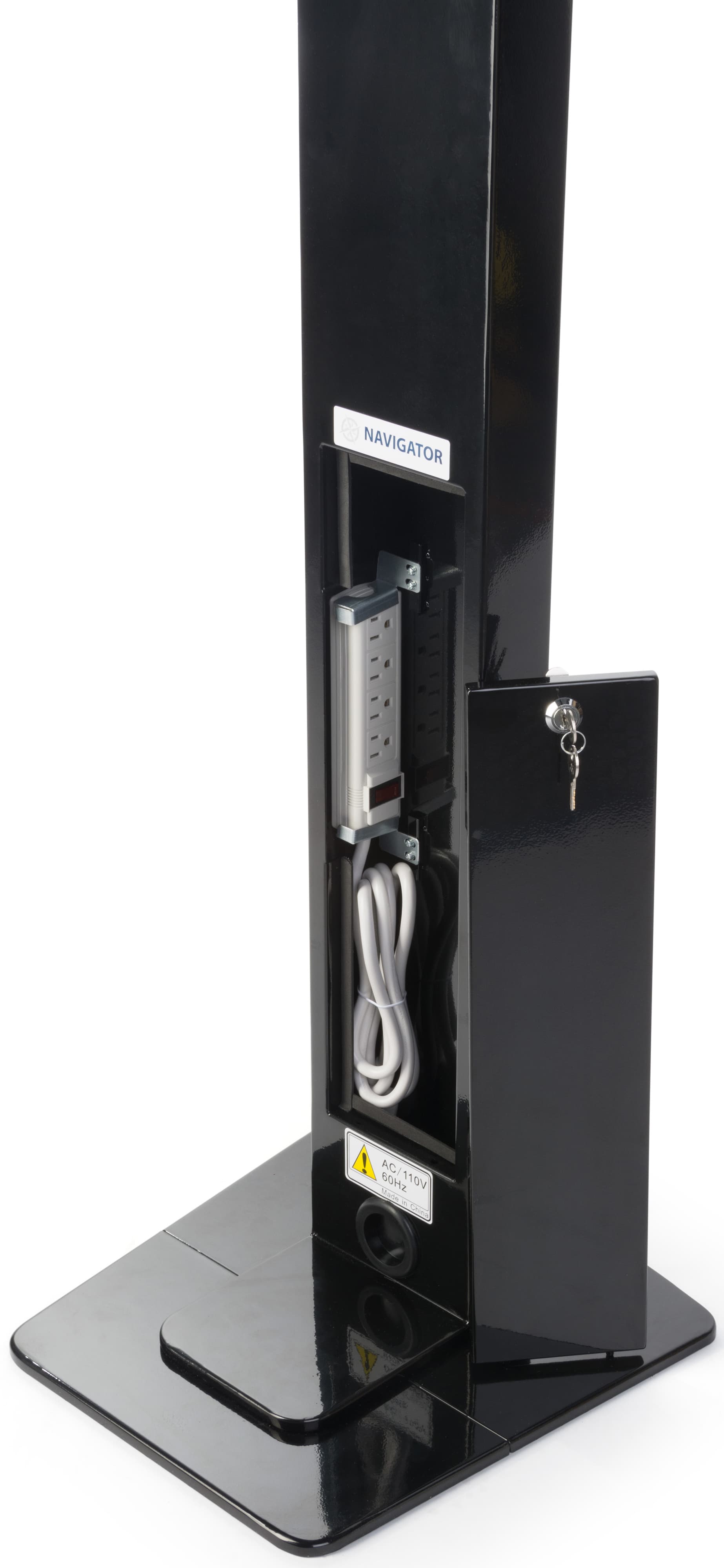 Black rotating standing iPad floor kiosk with cord management 