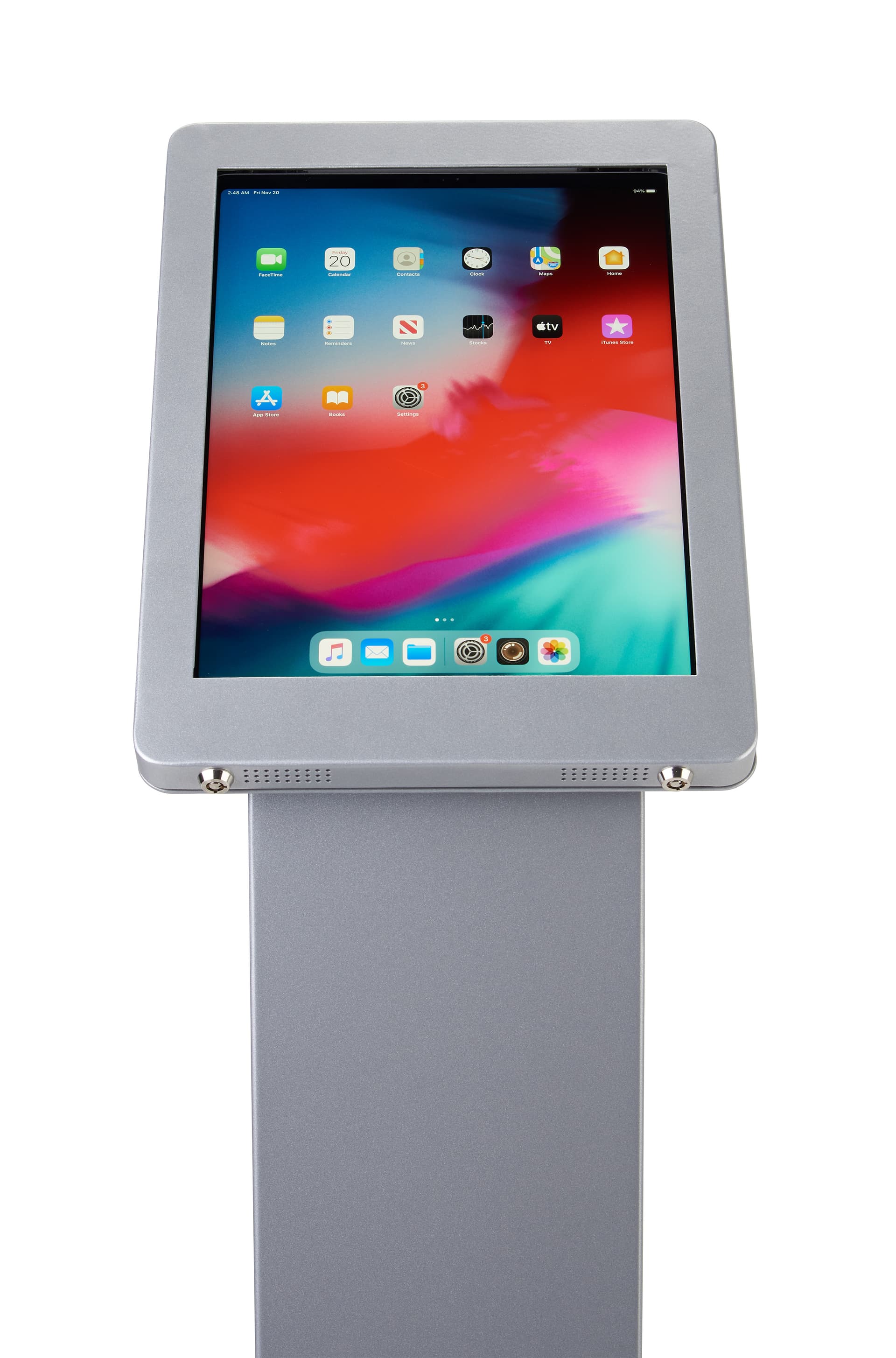Silver rotating standing iPad floor kiosk with hidden audio port