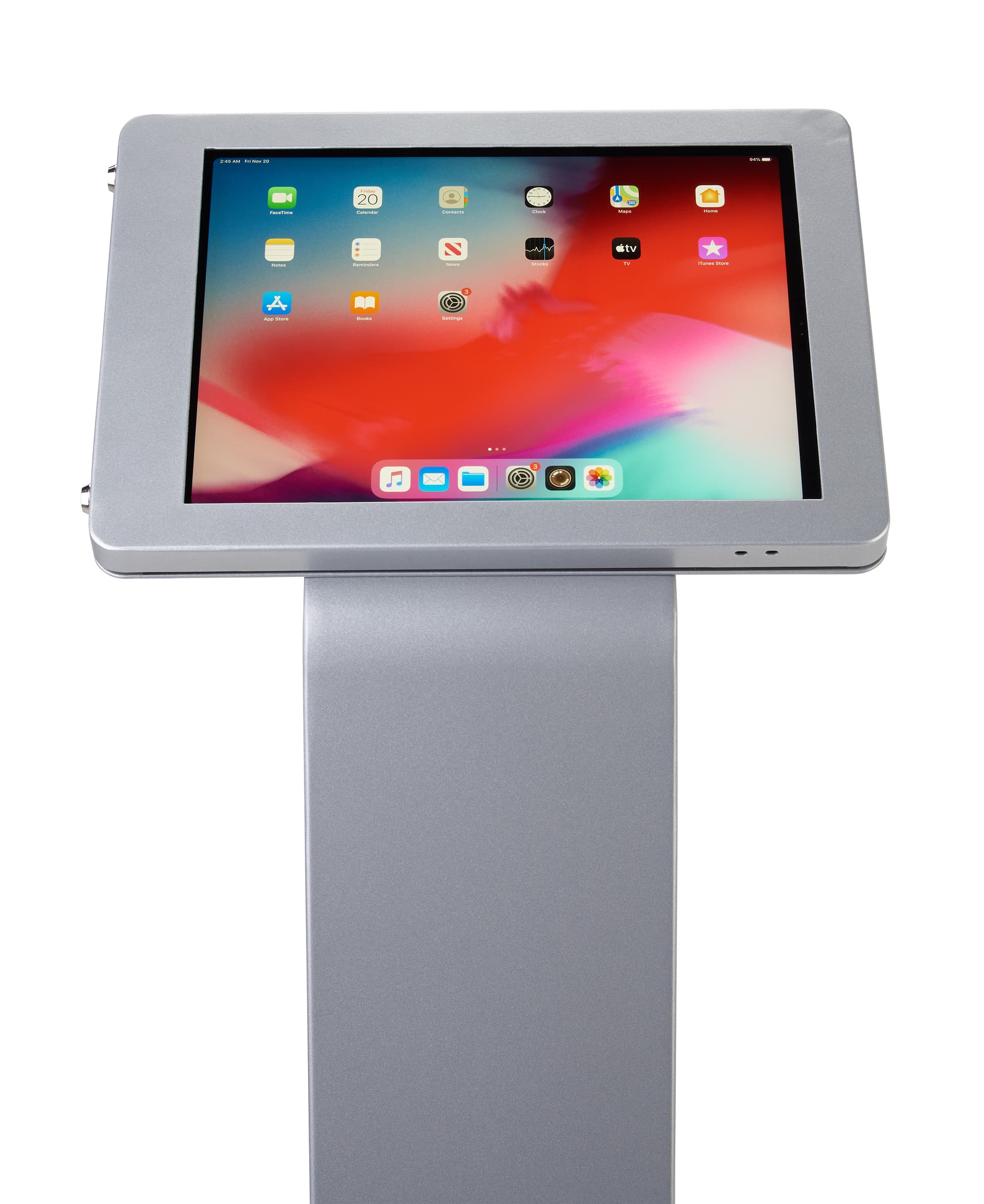 Silver rotating standing iPad floor kiosk with hidden home button