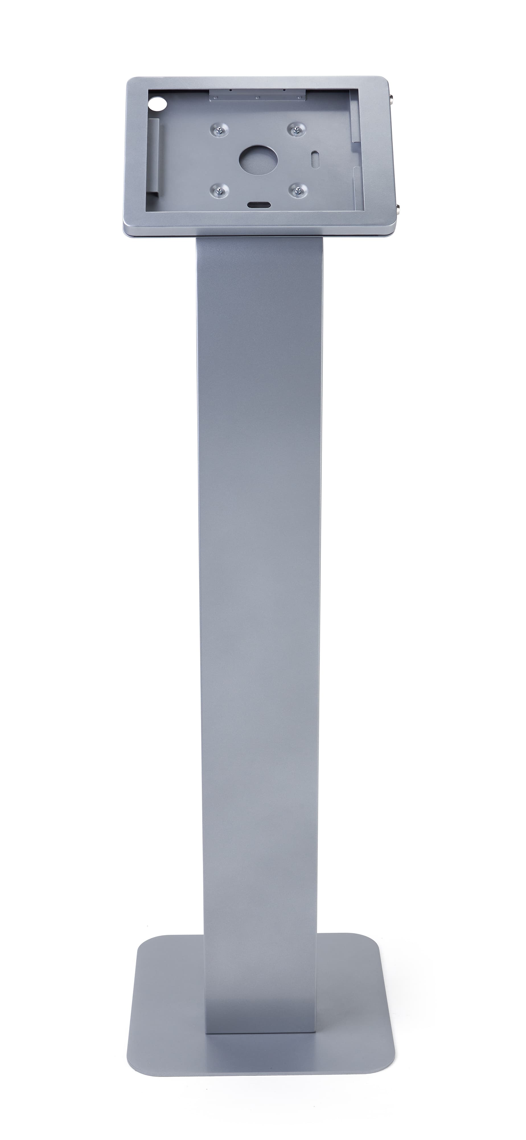 Silver rotating standing iPad floor kiosk with dual locking enclosure