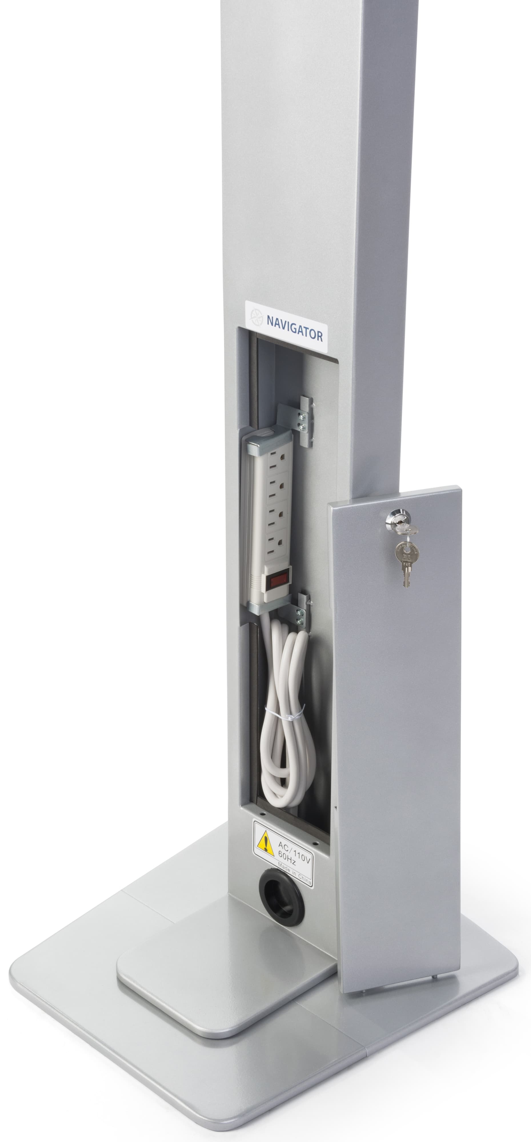Silver rotating standing iPad floor kiosk with back panel opening