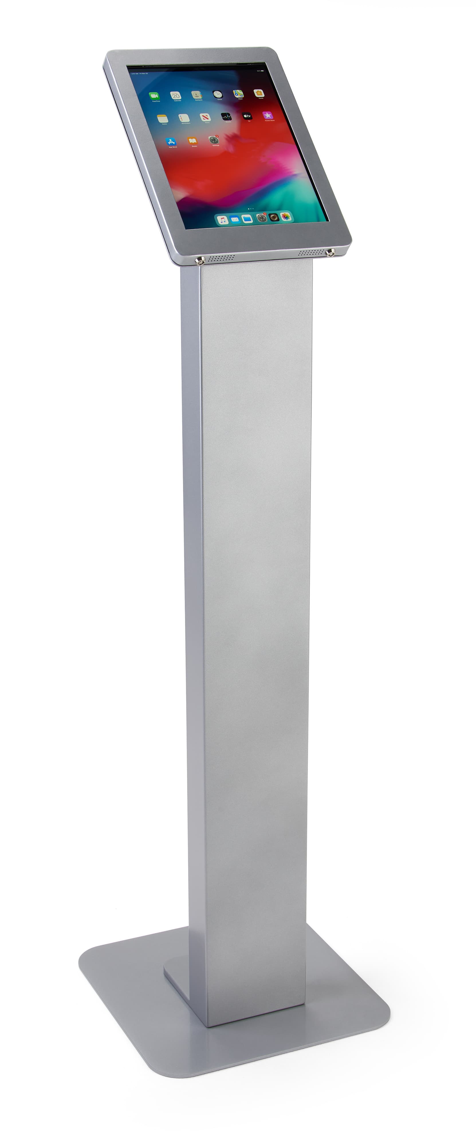 Silver rotating standing iPad floor kiosk with exposed front and rear camera holes