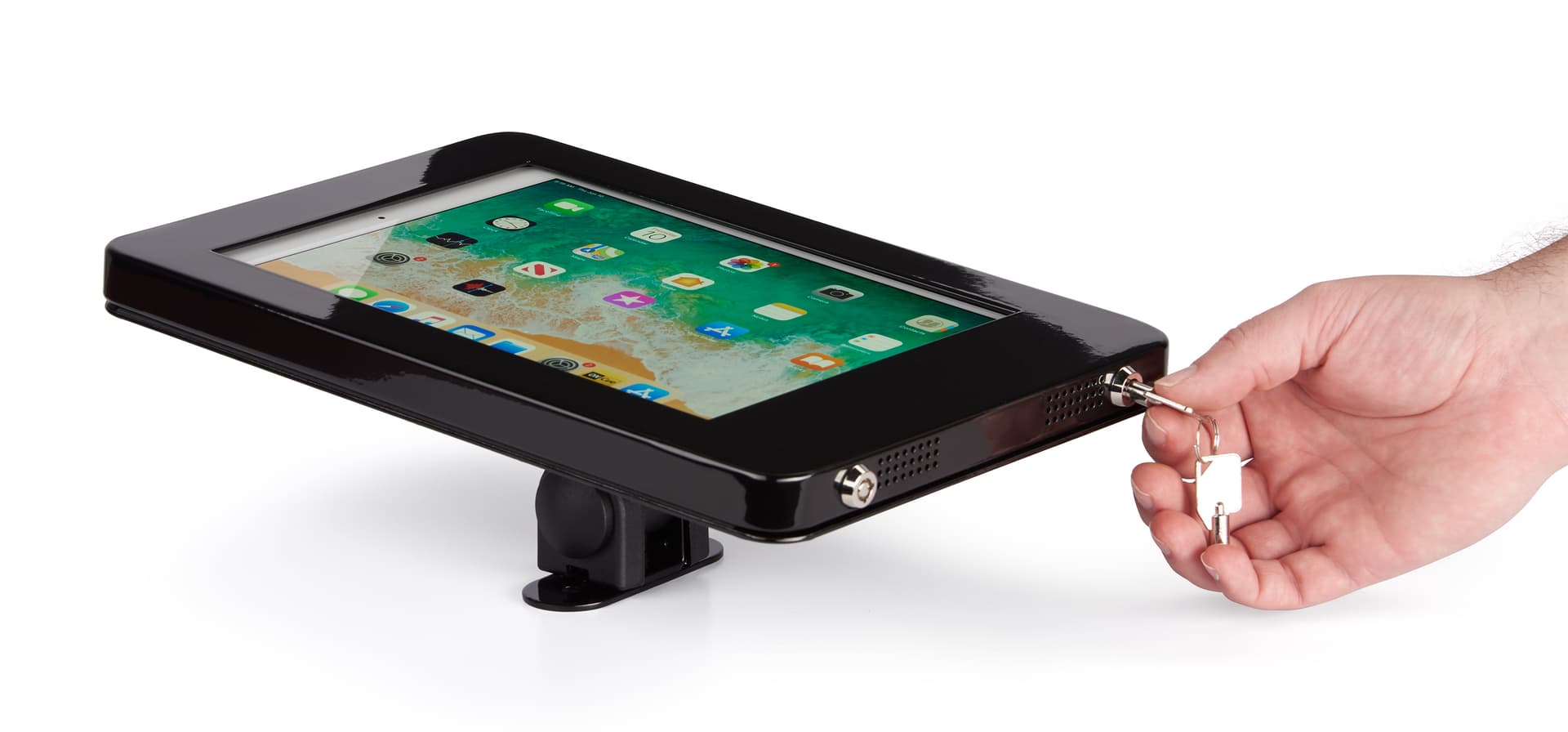 Black locking wall mount iPad enclosure with set of two keys