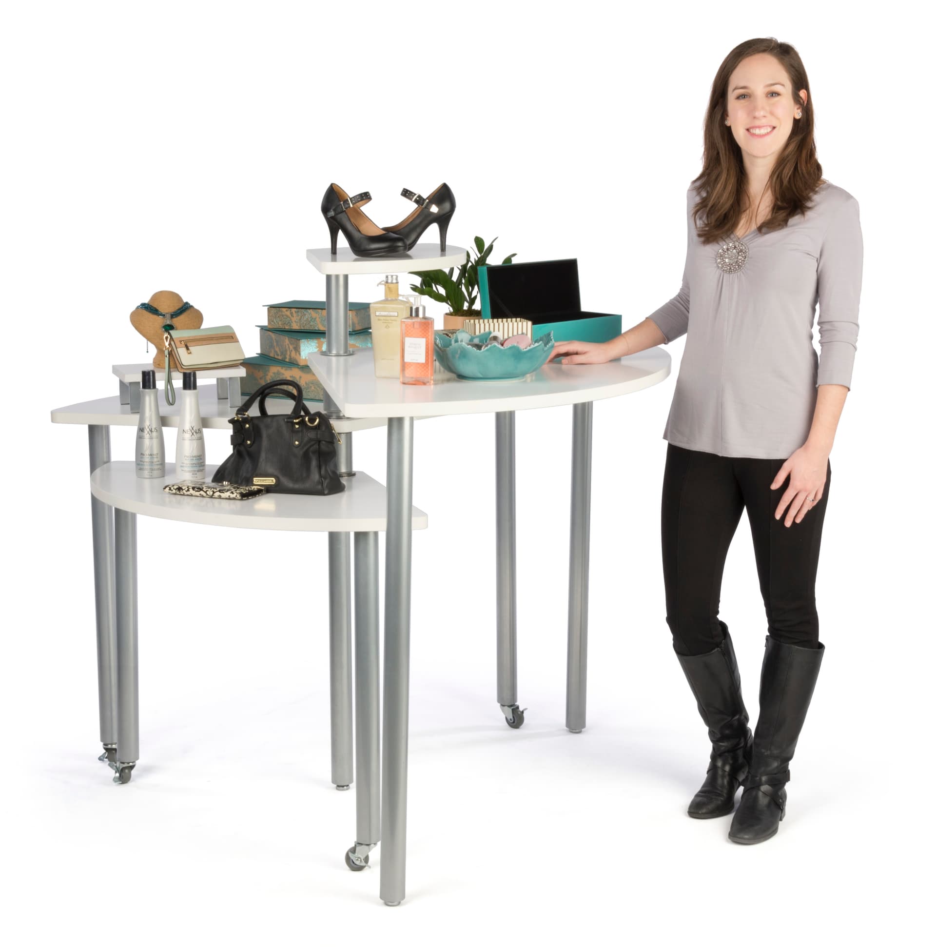 White Rotating Retail Display Table for Multiple Configurations