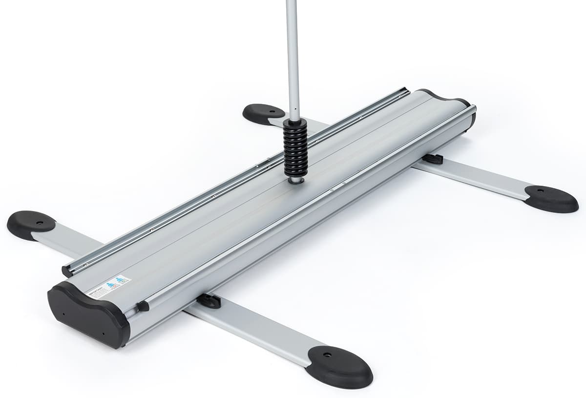 Wide outdoor retractable banner frame with twist-lock base legs
