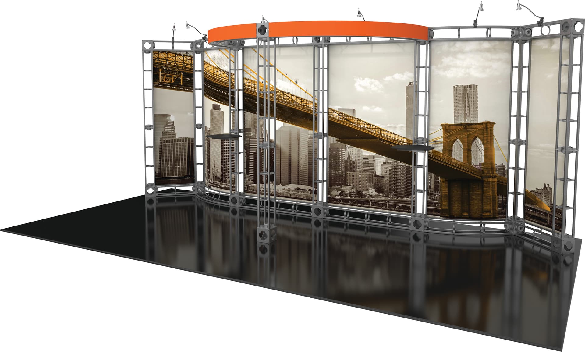 Truss trade show exhibit display booth with two black adjustable tabletops