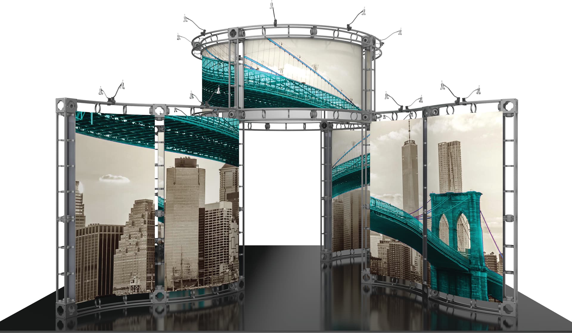 Portable trade show display booth truss with 20 custom printed graphic panels