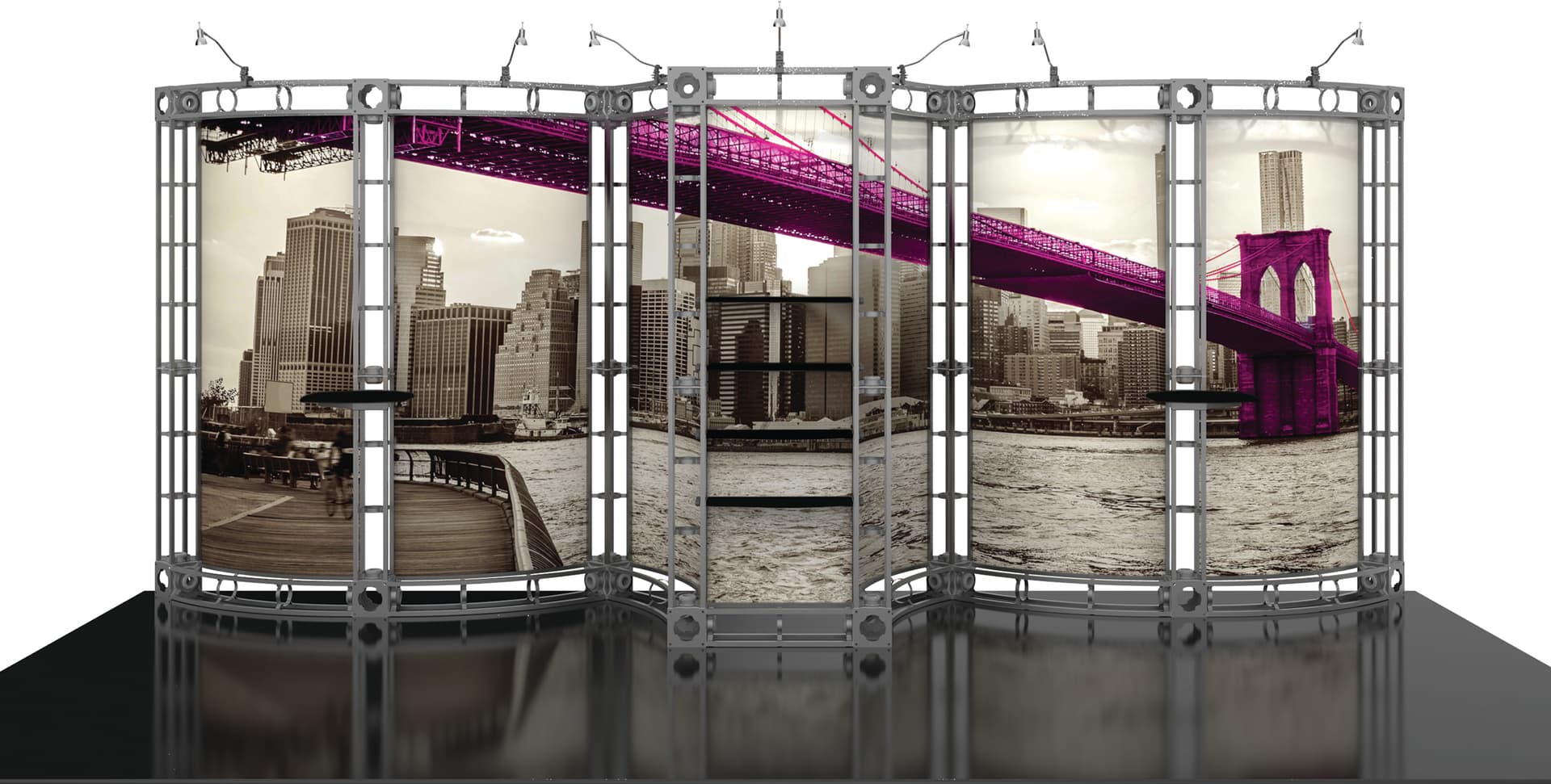 Portable trade show truss system fills back of 20ft-wide booth